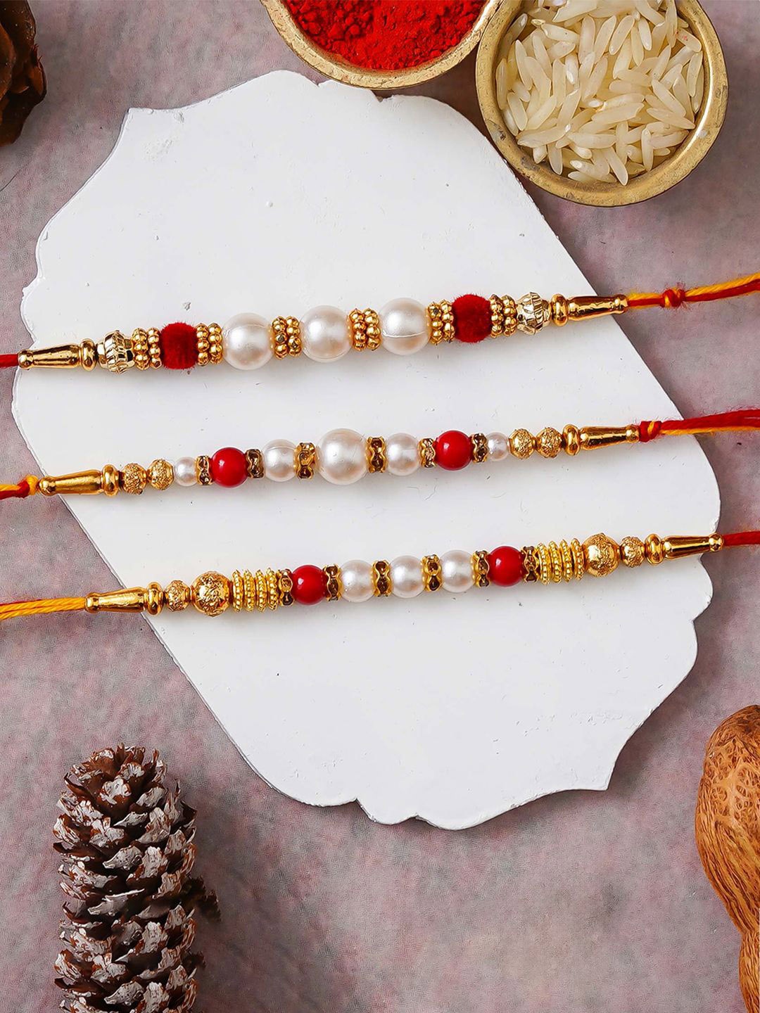 

eCraftIndia Set Of 3 Beaded Rakhis With Roli Chawal, Red