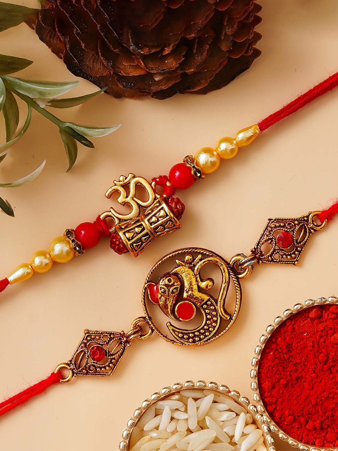 

eCraftIndia Set Of 2 Ganesha Om, Rudraksha Damru Thread Rakhi With Roli Chawal, Red