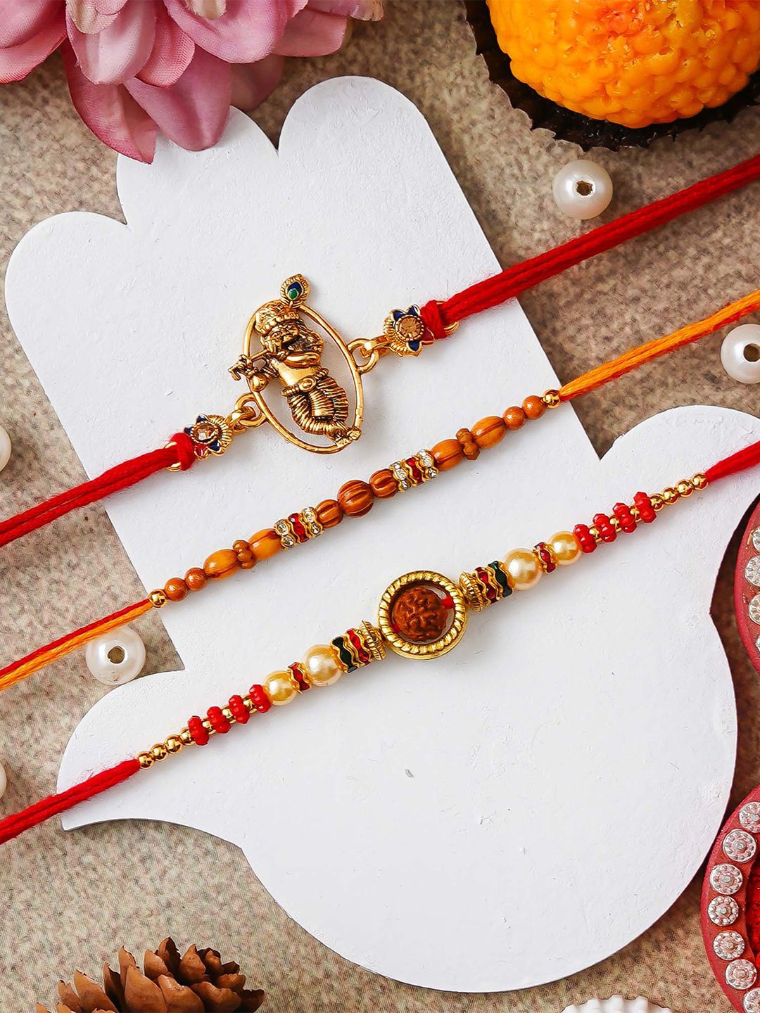 

eCraftIndia Set of 3 Lord Krishna Beaded Thread Rakhis with Roli Chawal, Red