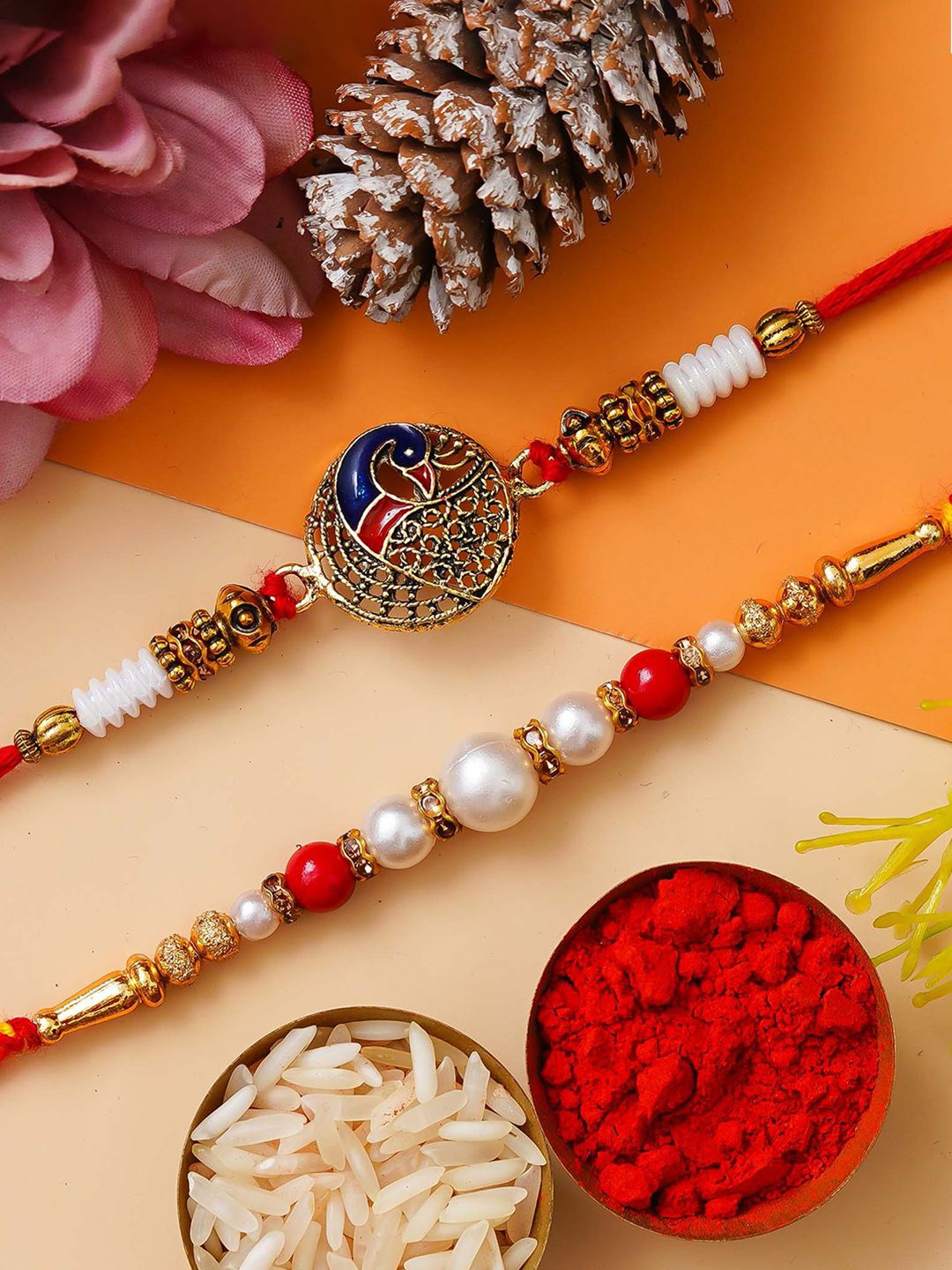 

eCraftIndia Set of 2 Beased Thread Rakhis with Roli Chawal, Red