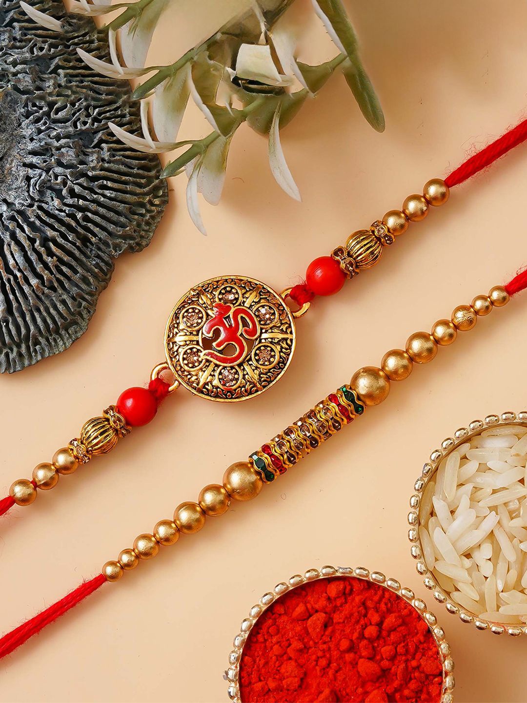 

eCraftIndia Set Of 2 Om Beaded Designer Rakhis With Roli Chawal, Red