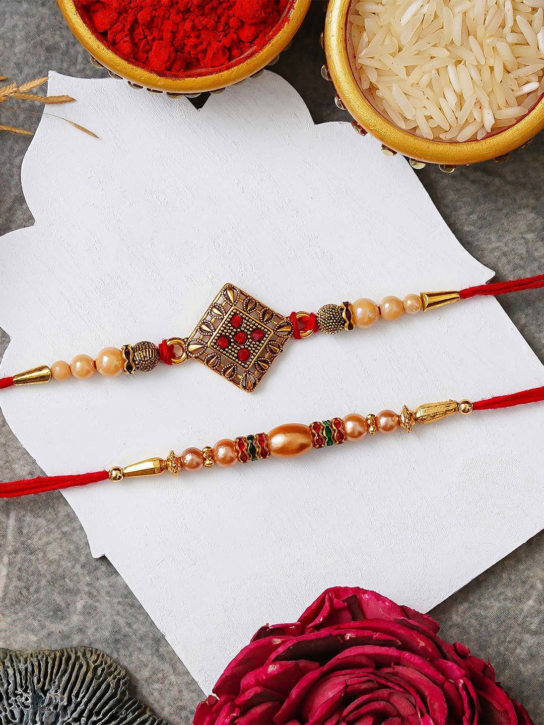 

eCraftIndia Set Of 2 Diamond Shape Rakhi With Roli Chawal, Red