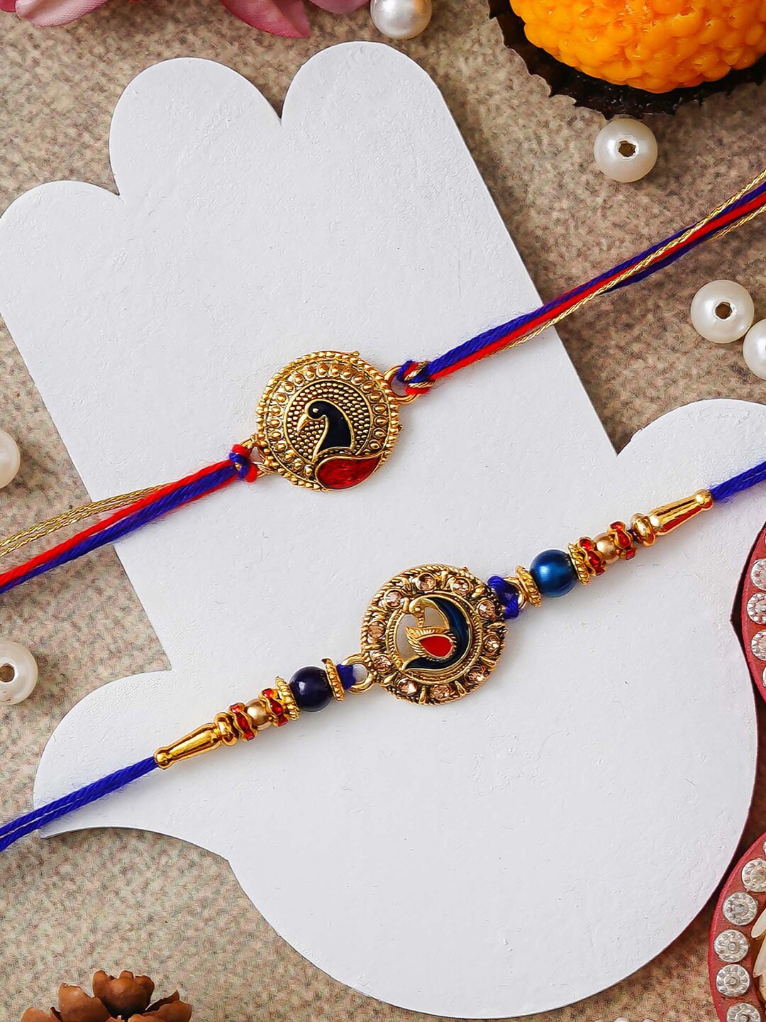 

eCraftIndia Set Of 2 Peacock Rakhi With Roli Chawal, Red