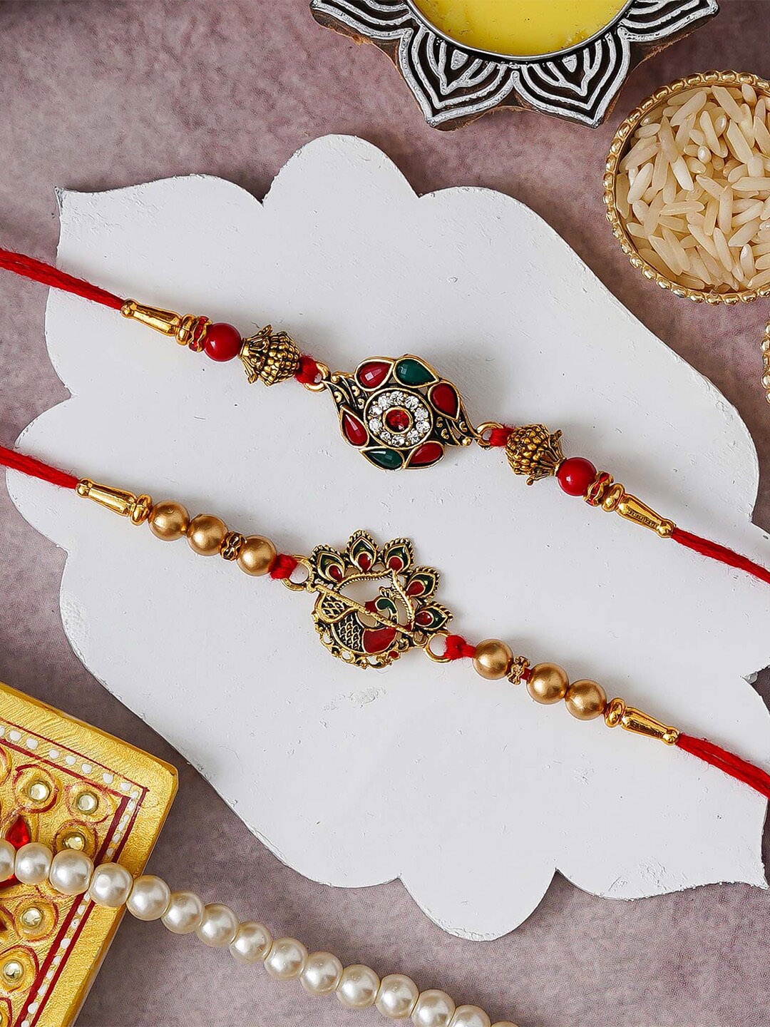 

eCraftIndia Set of 2 Floral & Peacock Designer Rakhis With Roli Chawal, Red