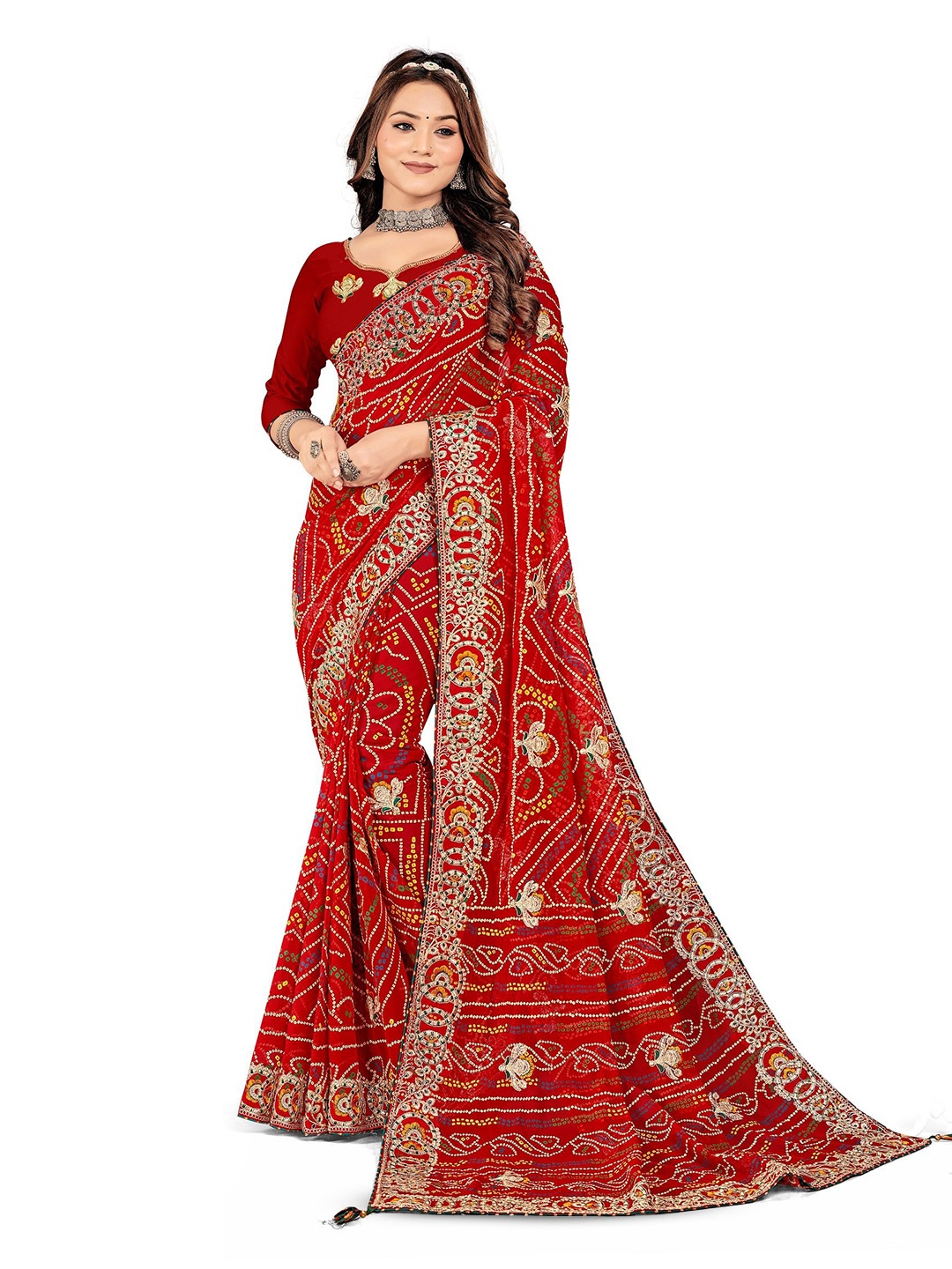

TINA FASHION Embroidered Bandhani Saree With Blouse Piece, Red