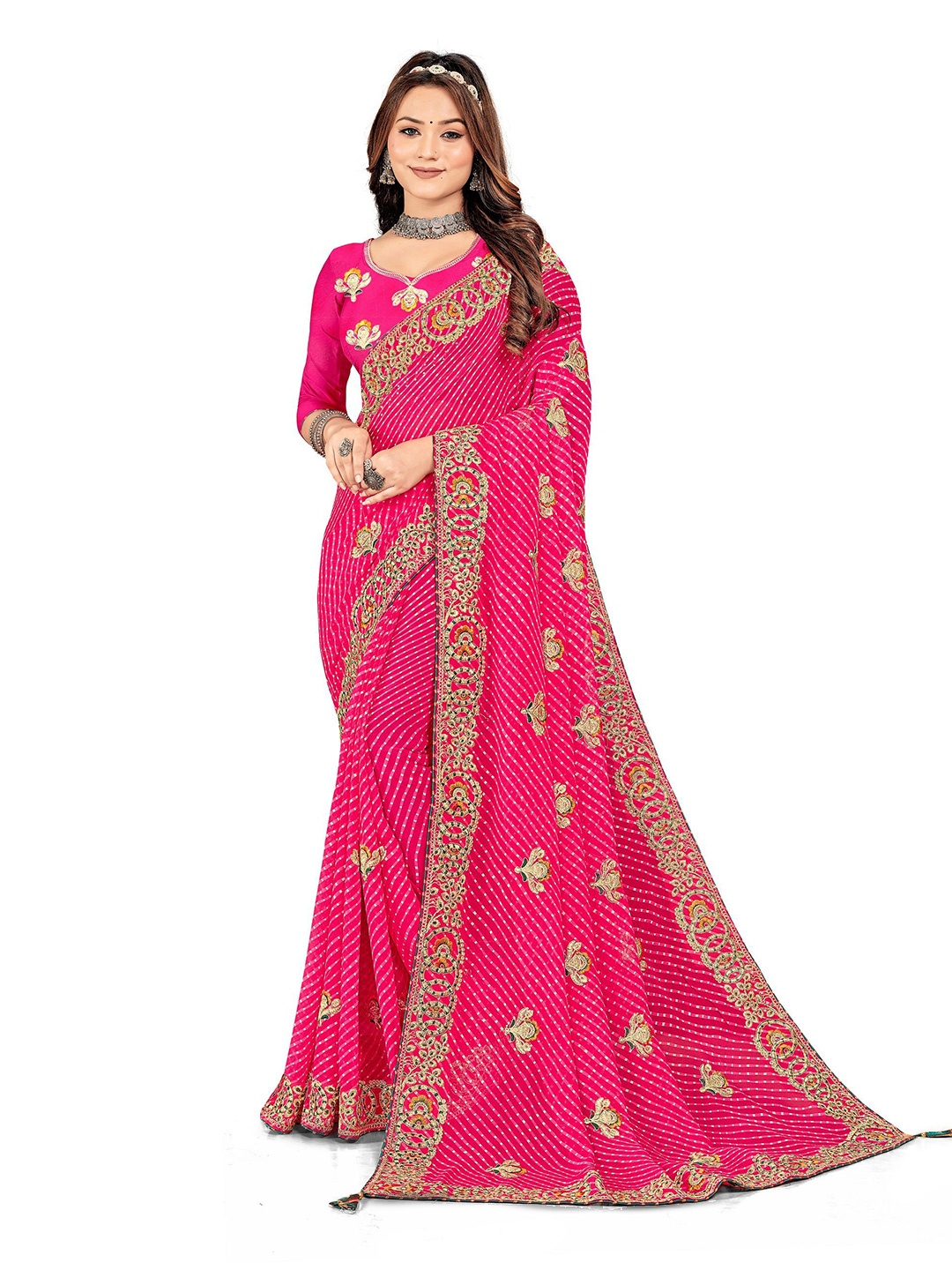 

TINA FASHION Bandhani Embroidered Bandhani Saree, Pink