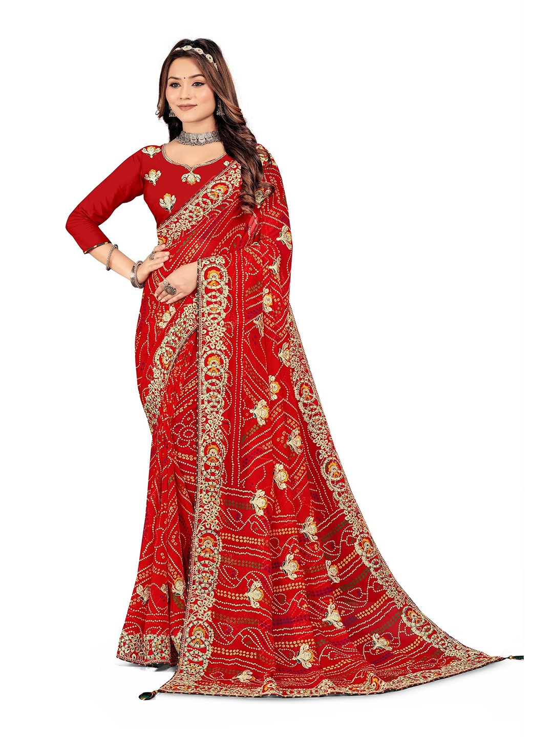 

TINA FASHION Bandhani Embroidered Bandhani Saree, Red