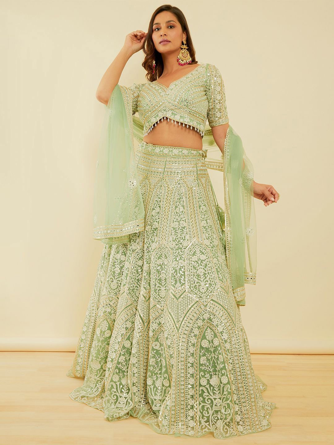 

Soch Embellished Mirror Work Ready to Wear Lehenga & Blouse With Dupatta, Green