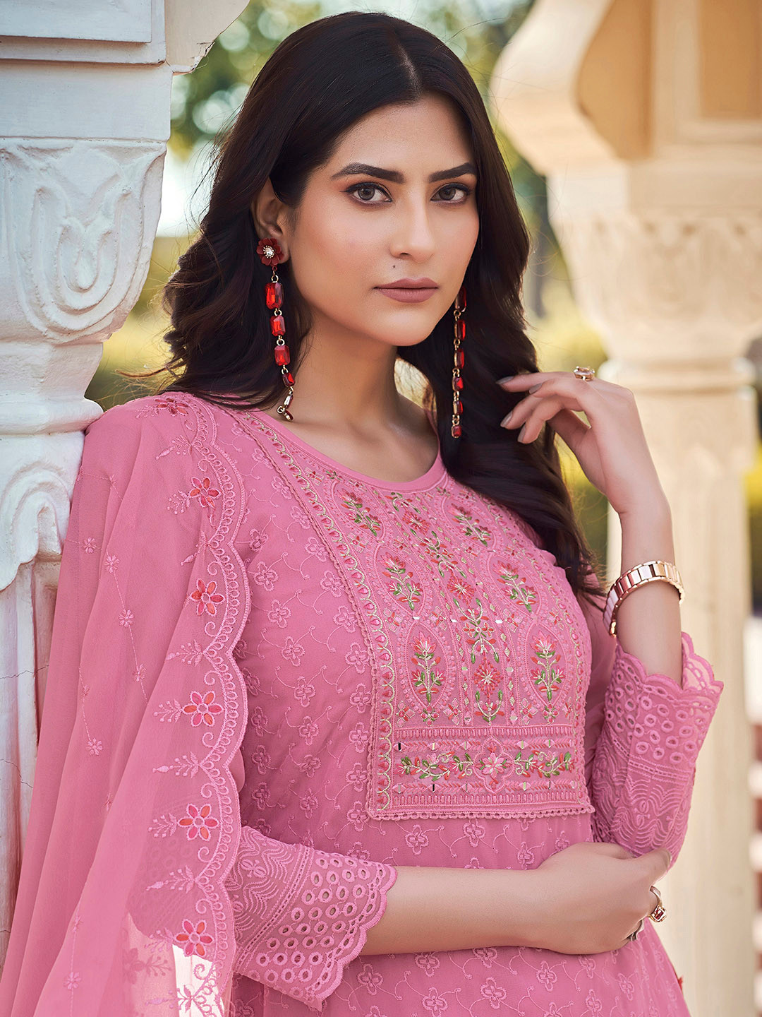 

Sangria Embroidered Sequence Mirror Work Schiffli A-Line Kurta With Trouser & Dupatta, Pink