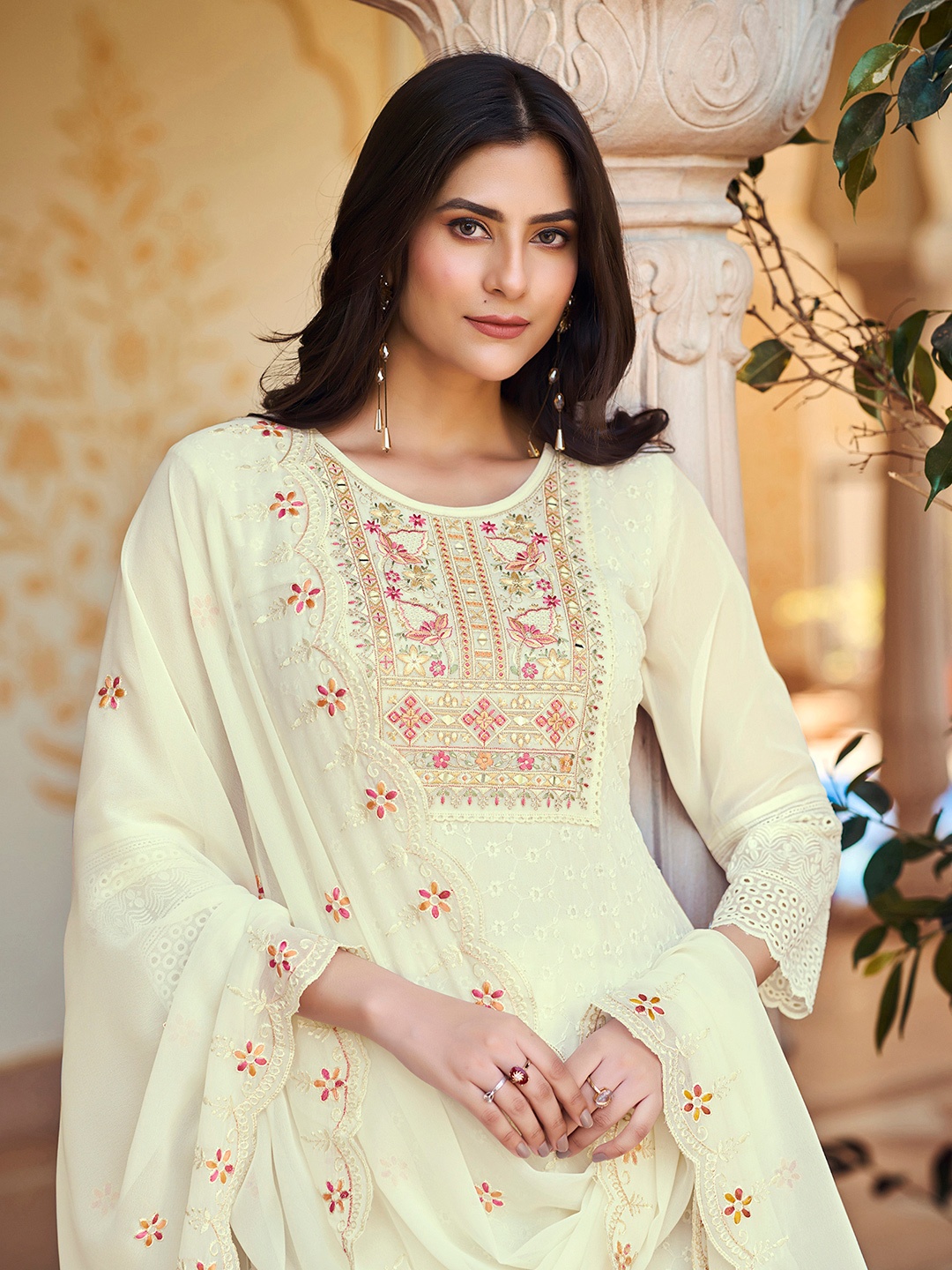 

Sangria Embroidered Schiffli Work A-Line Kurta With Trouser & Dupatta, Off white