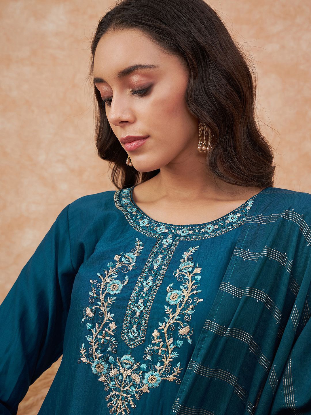 

Sangria Sequence Embroidered A-Line Kurta With Trouser & Dupatta, Blue