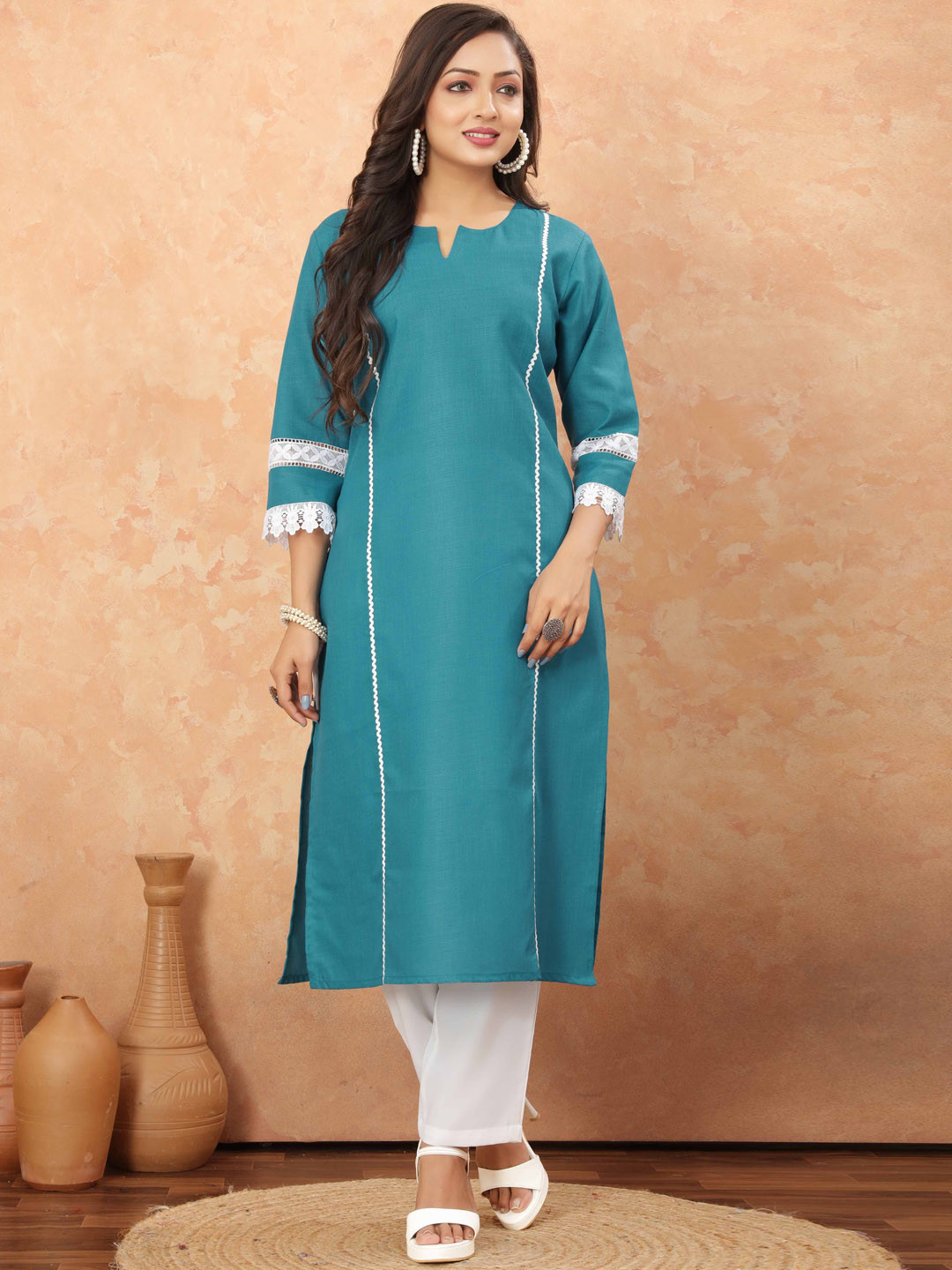 

Odd By Poshaak Women Regular Pure Cotton Kurti with Trousers, Blue