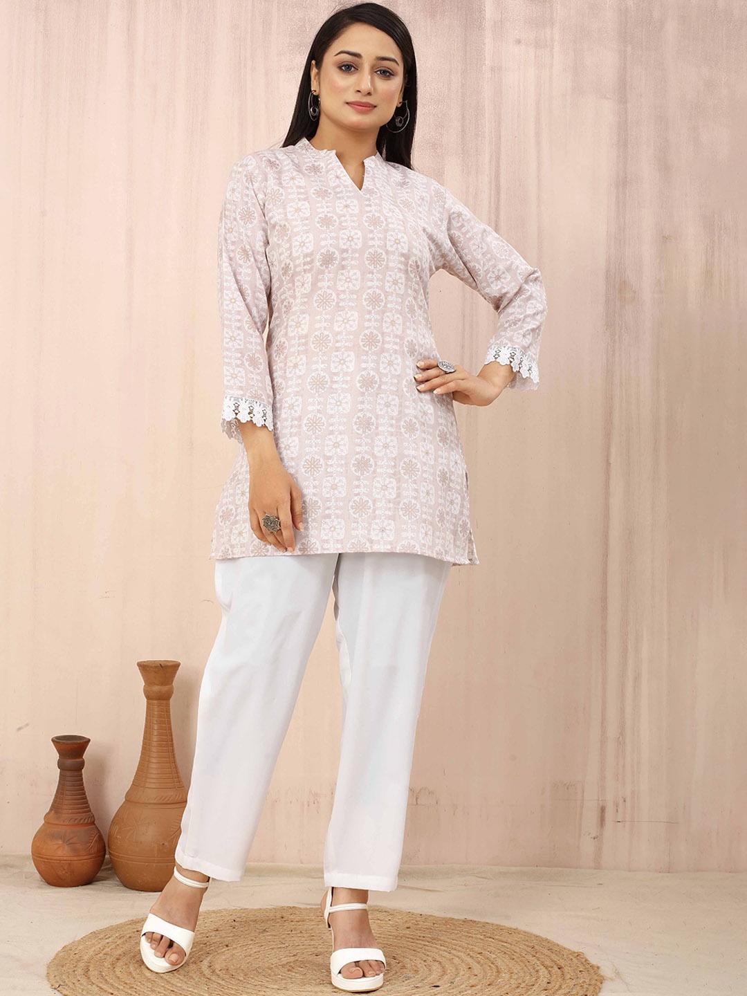 

Odd By Poshaak Floral Printed Regular Pure Cotton Kurti with Trousers, Cream