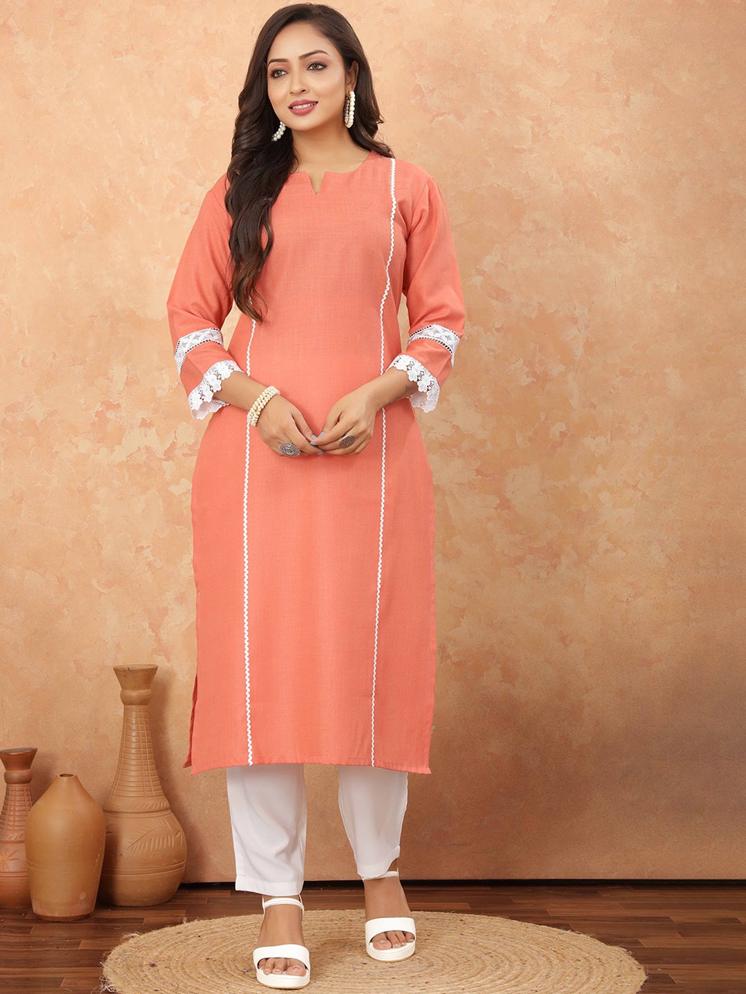 

Odd By Poshaak Notch Neck Thread Work Pure Cotton Straight Kurta with Trousers, Peach