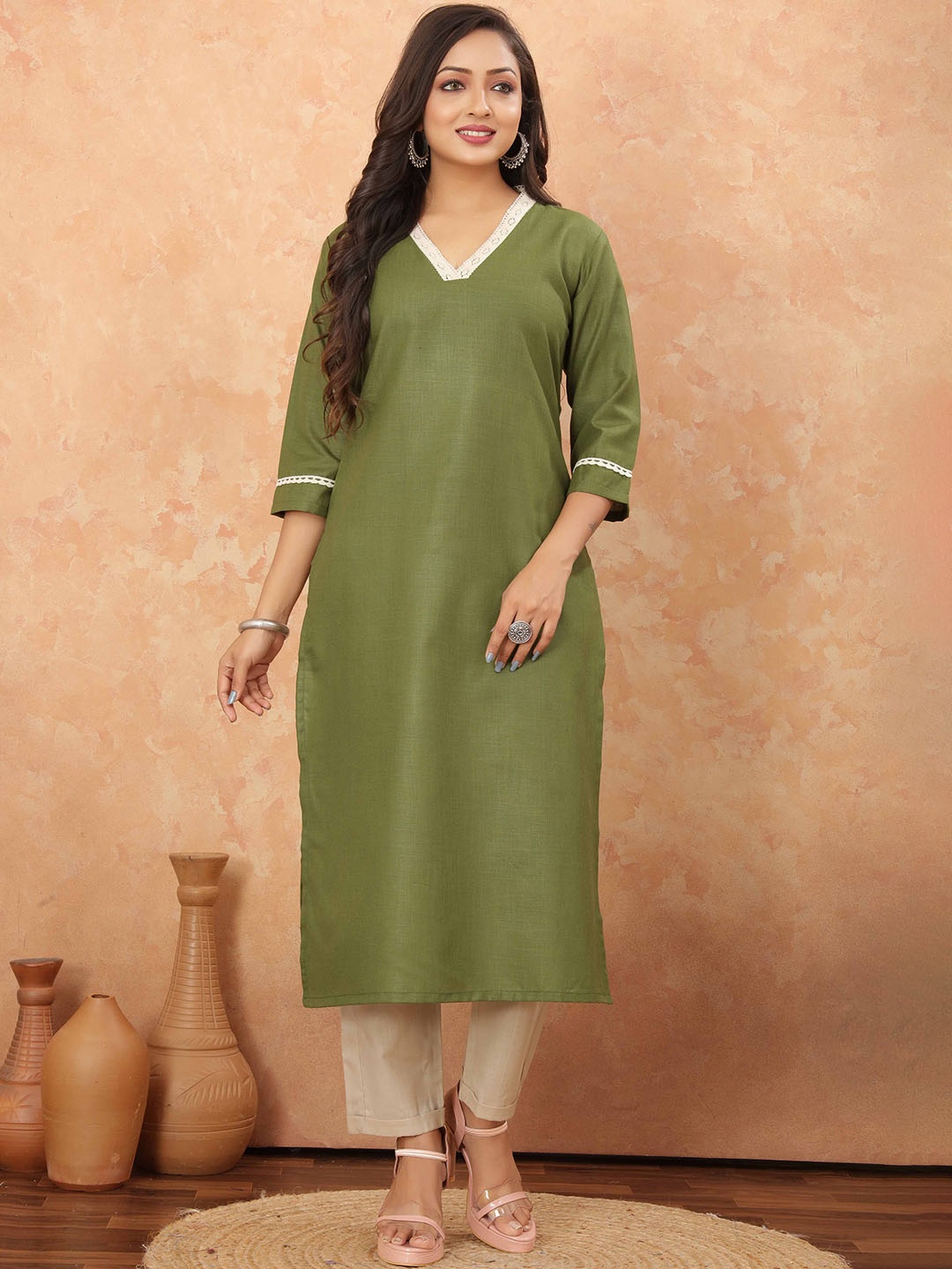 

Odd By Poshaak Women Regular Pure Cotton Kurta with Trousers, Green