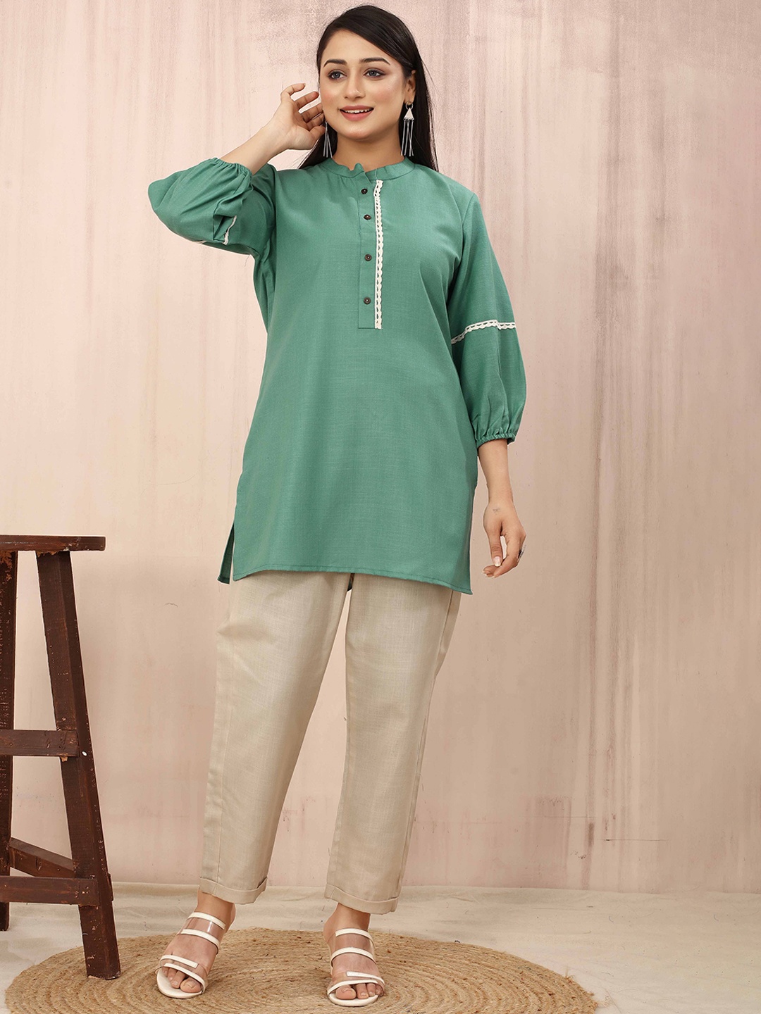 

Odd By Poshaak Women Regular Pure Cotton Kurti with Trousers, Sea green