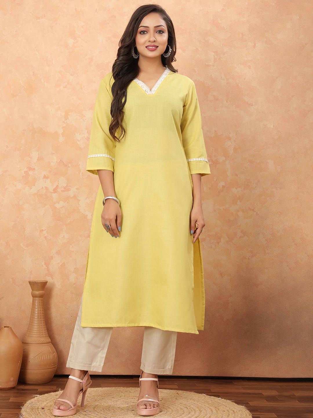 

Odd By Poshaak V-Neck Pure Cotton Straight Kurta With Trousers, Yellow
