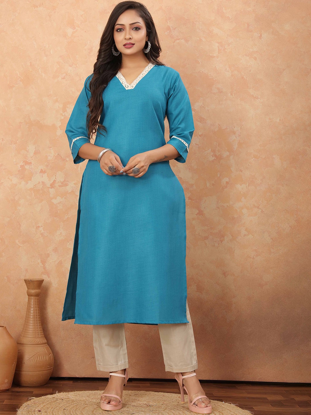

Odd By Poshaak V Neck Regular Pure Cotton Kurta with Trousers, Blue
