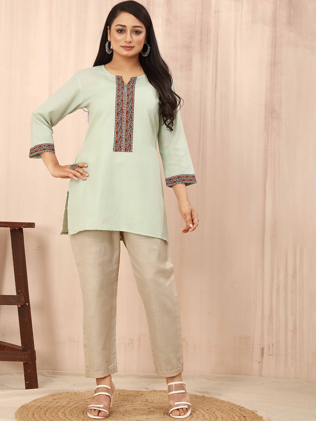 

Odd By Poshaak Notch Neck Pure Cotton Kurti with Trousers, Lime green