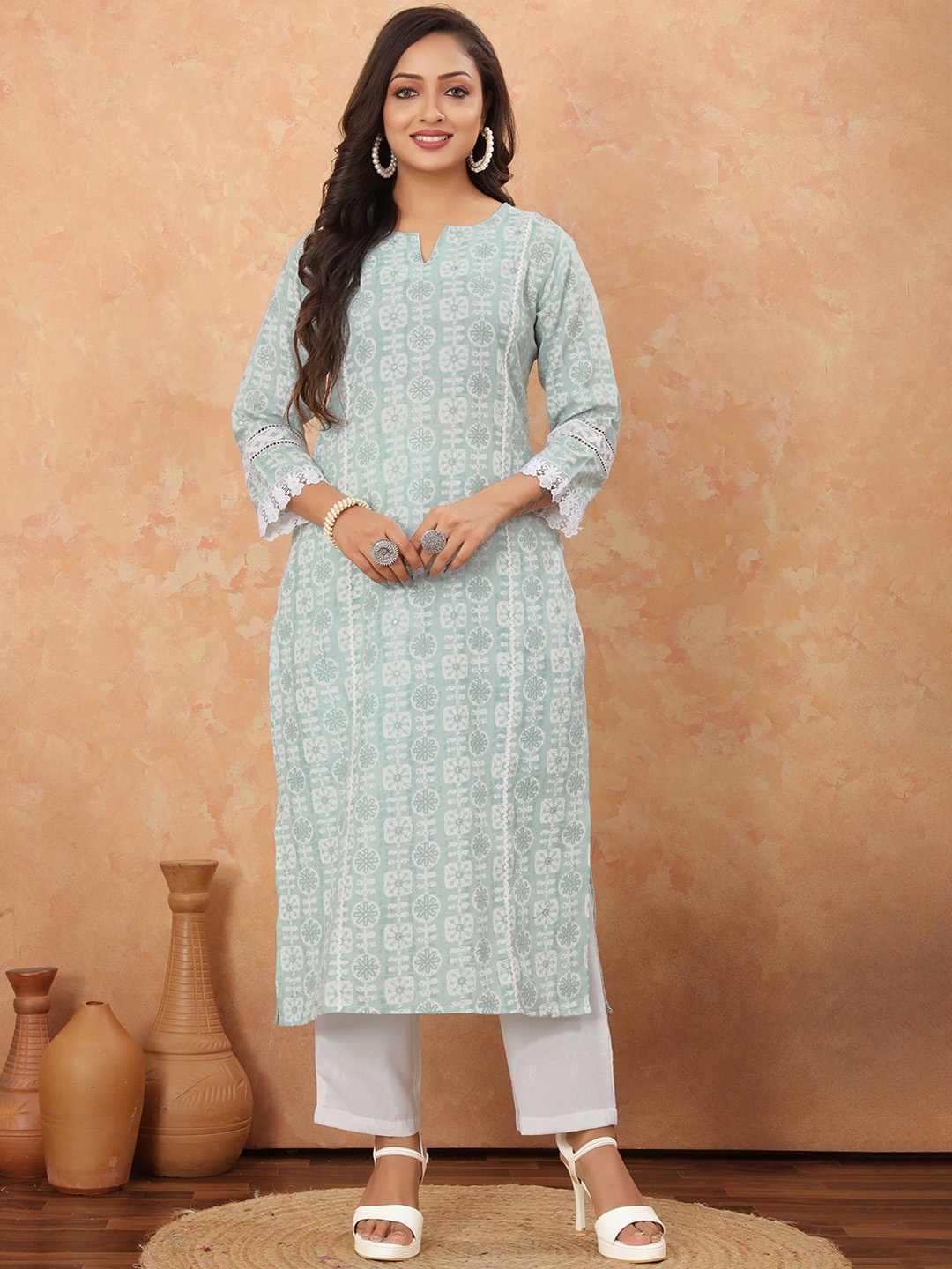 

Odd By Poshaak Printed Notch Neck Thread Work Pure Cotton Straight Kurta with Trousers, Blue