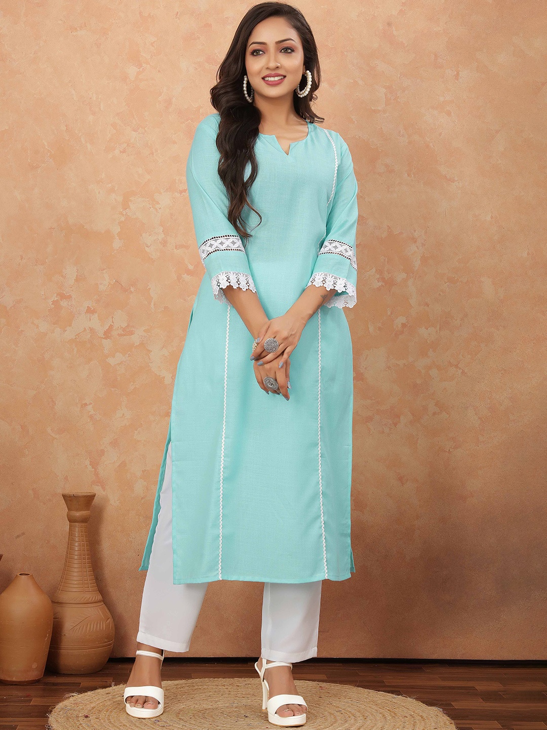 

Odd By Poshaak Notch Neck Thread Work Pure Cotton Straight Kurta with Trousers, Blue