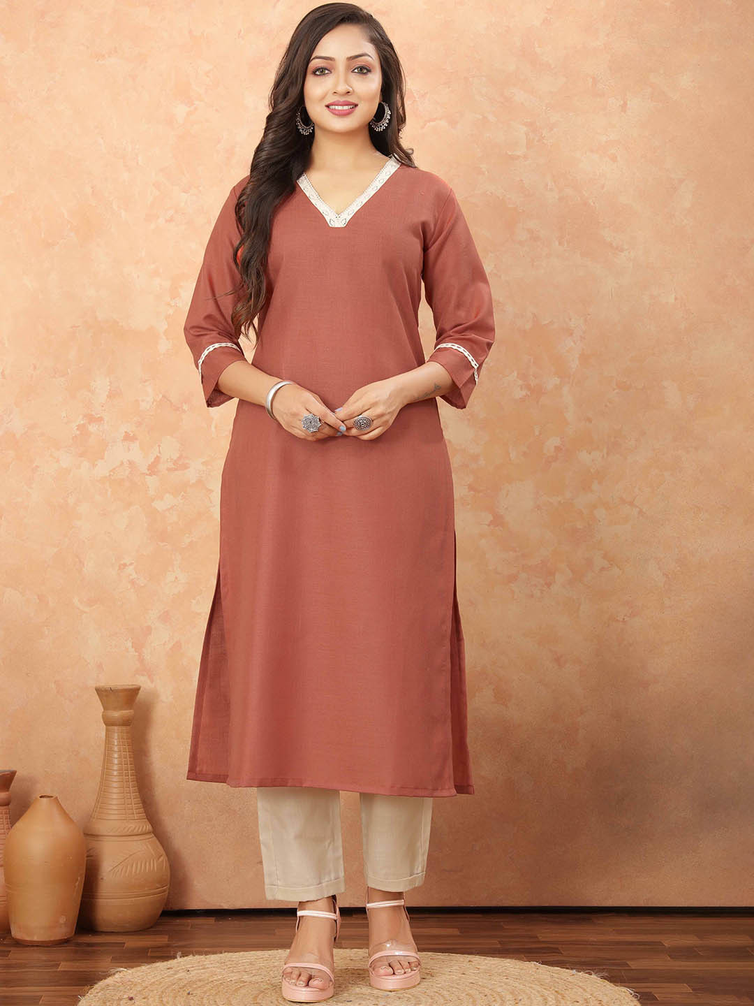 

Odd By Poshaak Women Regular Pure Cotton Kurti with Trousers, Rust