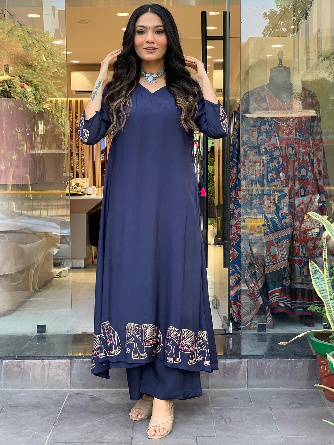 

KALINI Ethnic Motifs Printed V-Neck Anarkali Kurta with Trousers, Blue