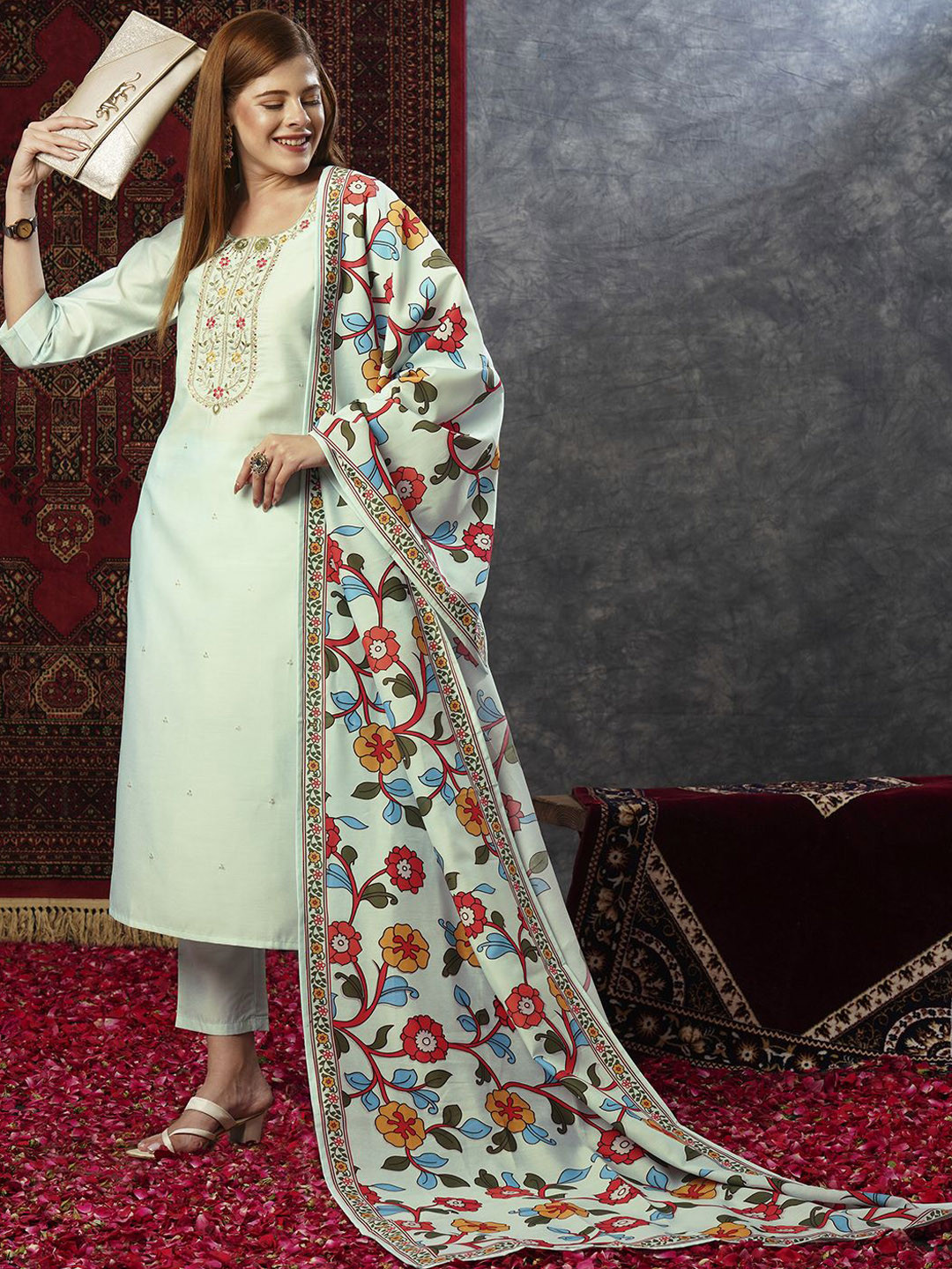 

KALINI Floral Embroidered Sequinned Straight Kurta With Trousers & Dupatta, Grey