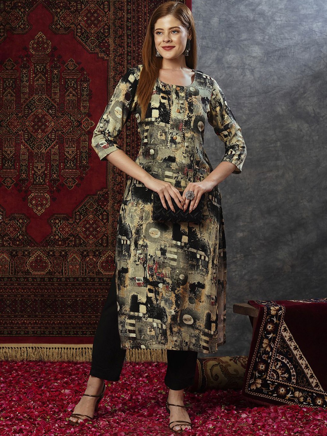 

KALINI Printed Regular Straight Kurta with Trousers, Black
