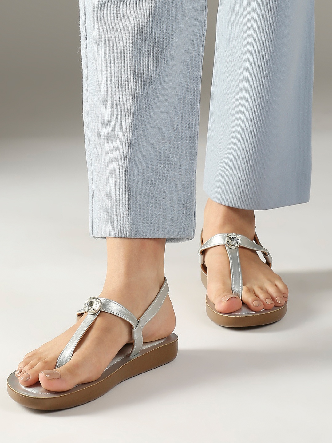 

Inc 5 Women T-Strap Flats with Western - Embellished, Silver