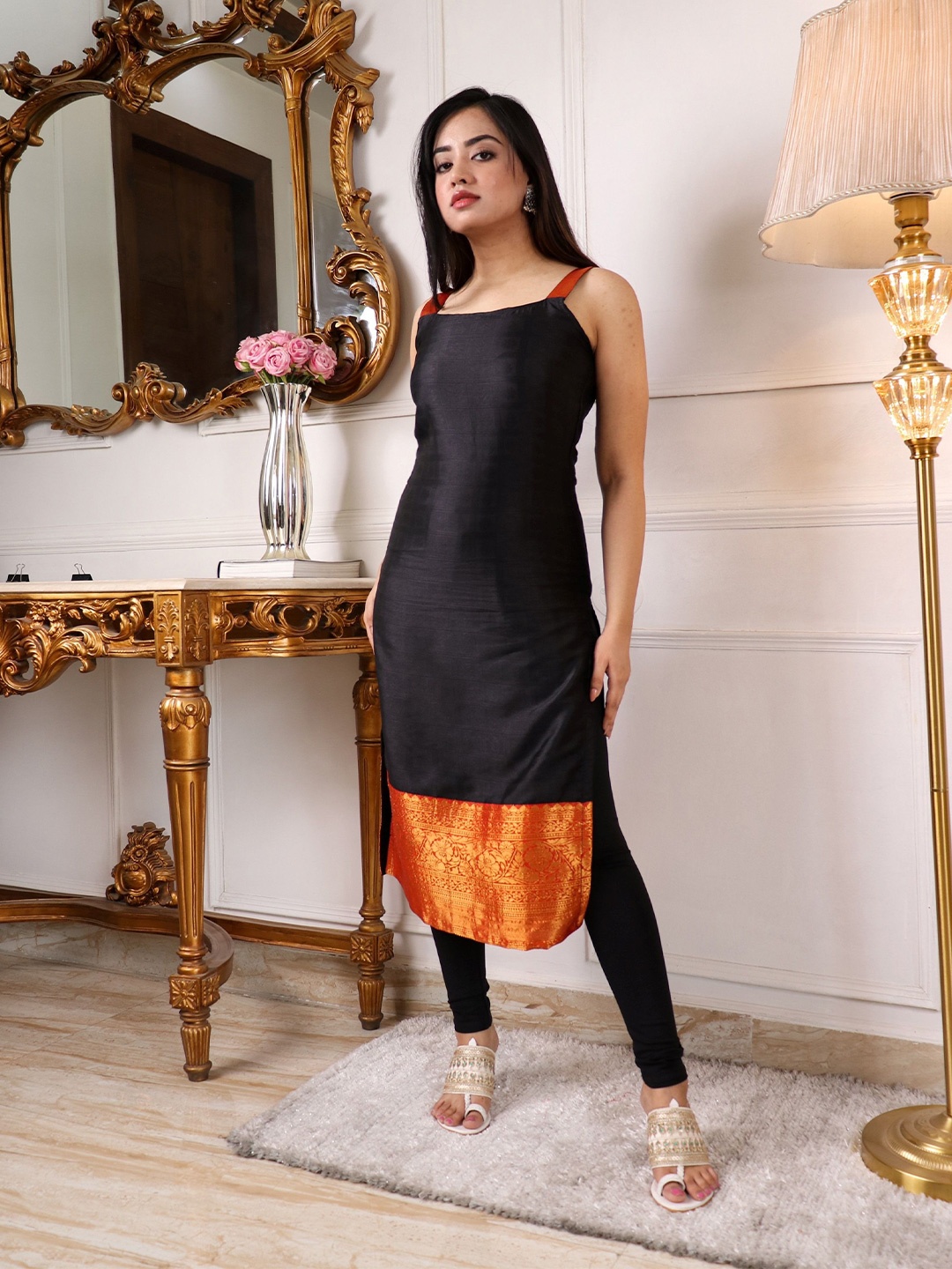 

KALINI Woven Design Zari Kurta, Black