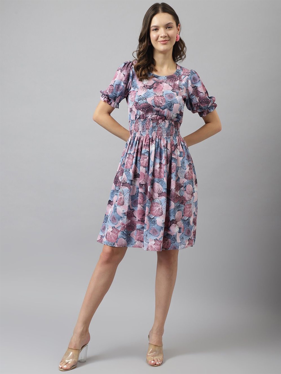 

BAESD Floral Print Puff Sleeve Fit & Flare Dress, Purple