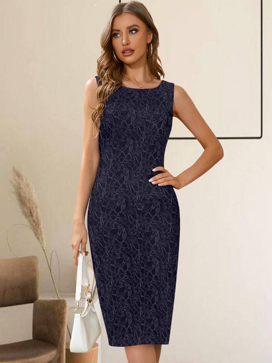 

BAESD Abstract Printed Shoulder Straps Bodycon Dress, Navy blue