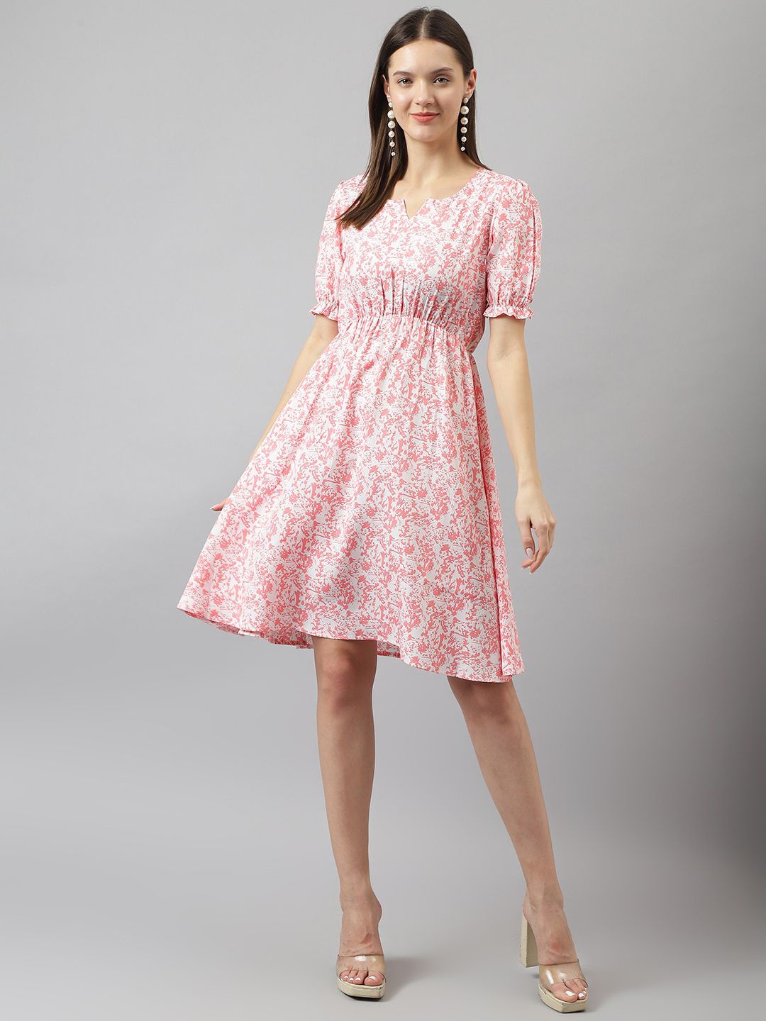 

BAESD Abstract Printed Notch Neck Puff Sleeve Gathered Fit & Flare Dress, Pink