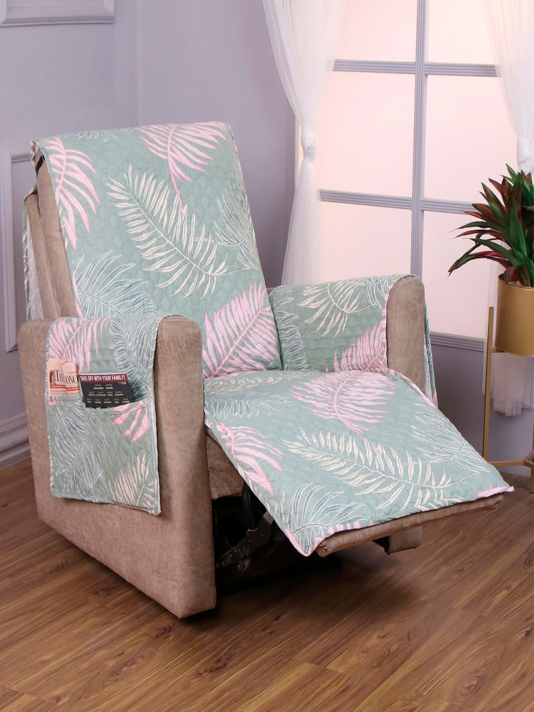 

HOKIPO Green & Pink Tropical Printed Recliner Sofa Cover