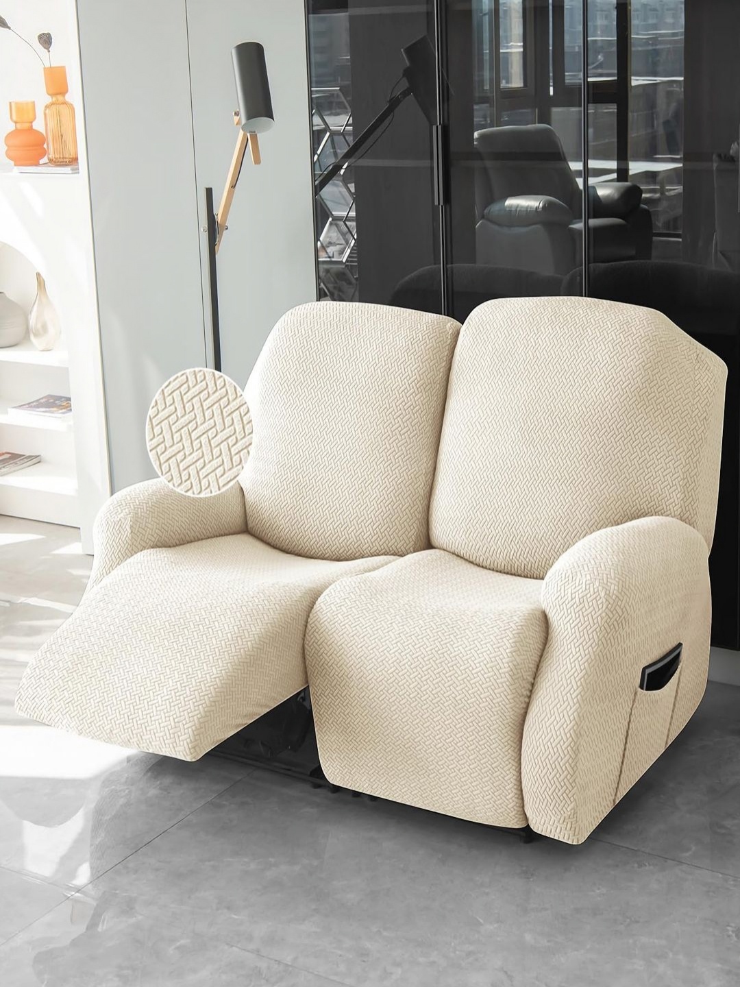 

HOKIPO Beige Jacquard 2-Seater Recliner Sofa Cover with Arms