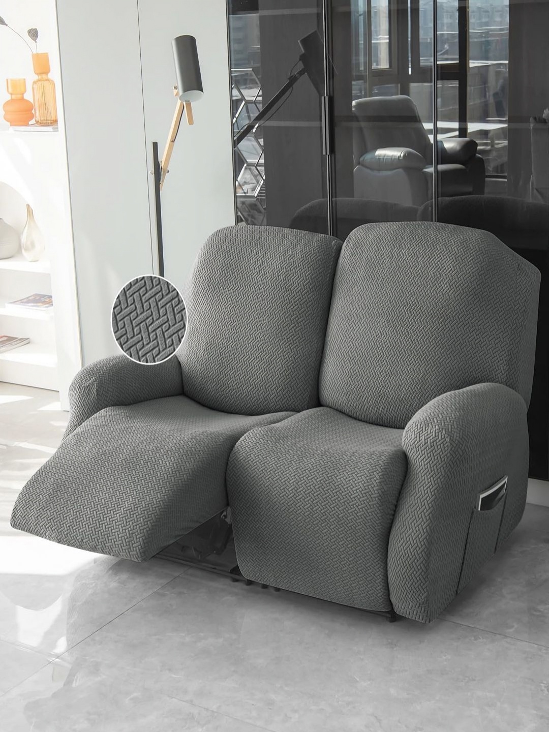 

HOKIPO Grey Jacquard 2-Seater Recliner Sofa Cover with Arms