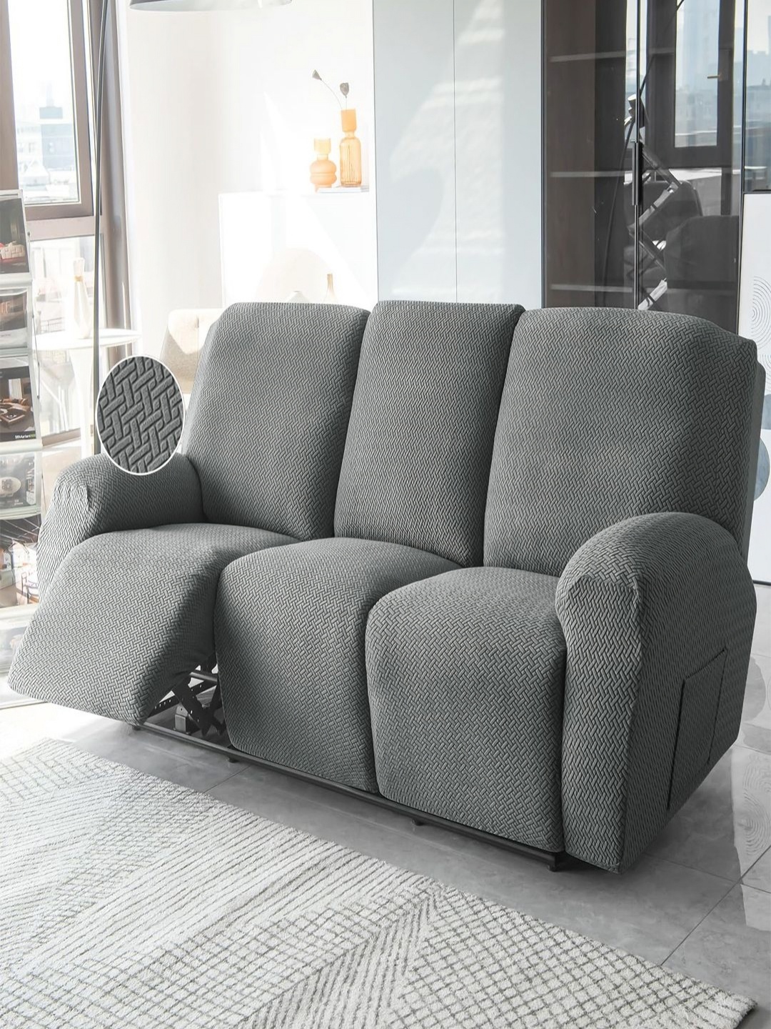 

HOKIPO Grey Jacquard 3 Seater Recliner Sofa Cover With Arms