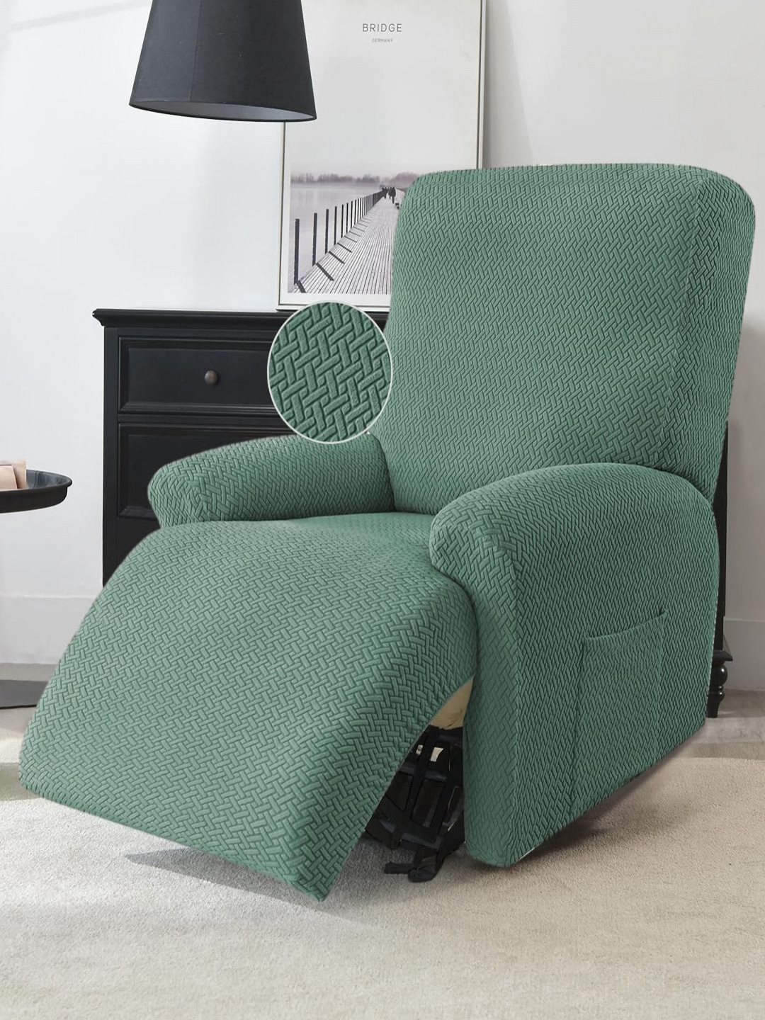 

HOKIPO Green Jacquard 1 Seater Recliner Sofa Cover with Arms