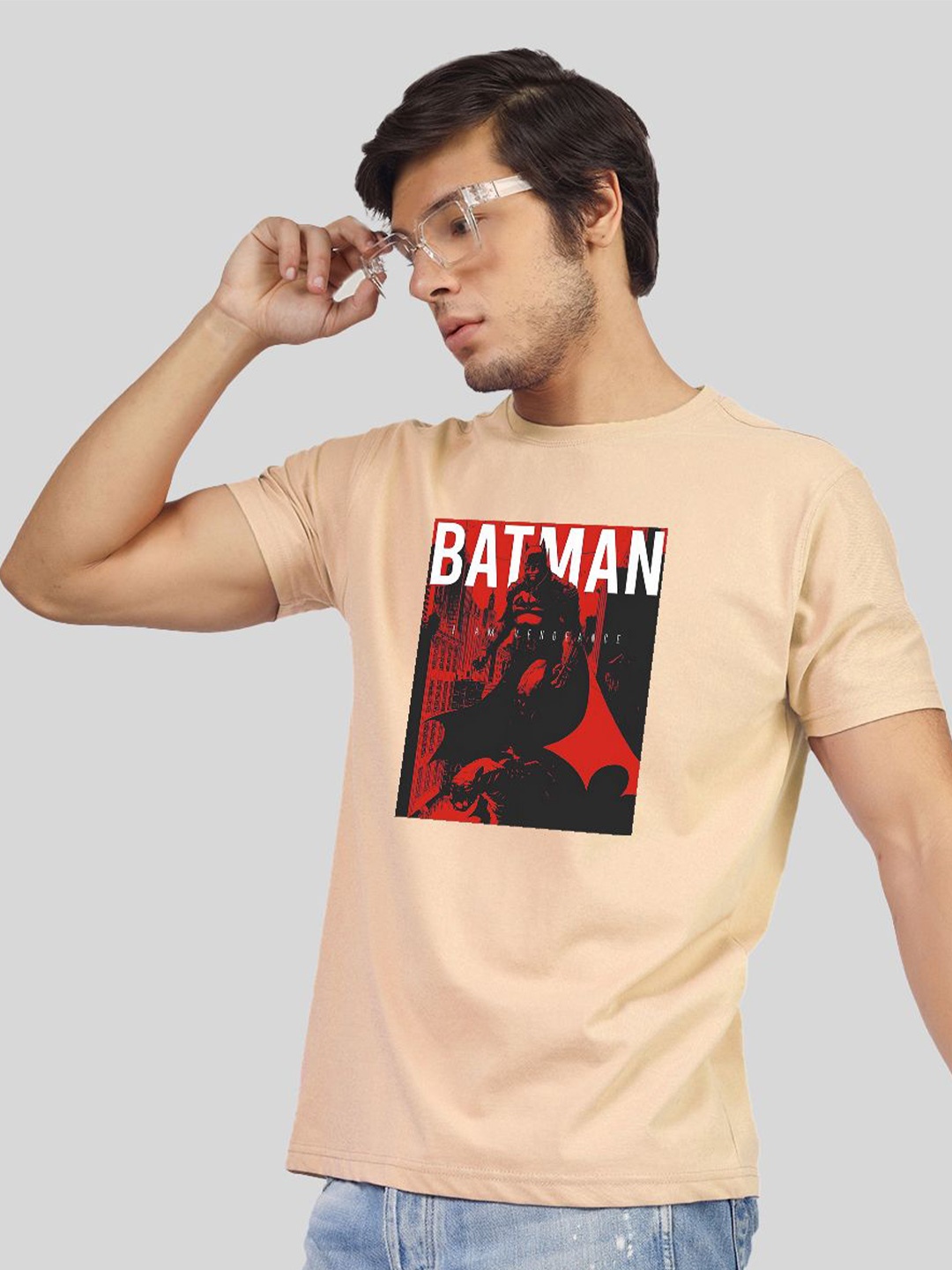 Greylongg Men Graphic Printed Round Neck T-shirt, Beige