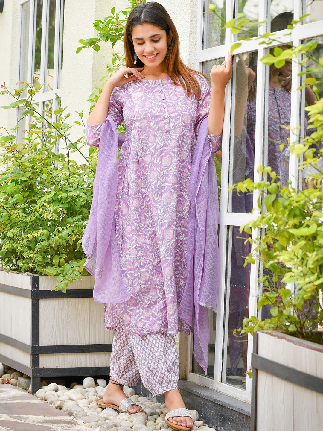 

Anni Designer Floral Printed Regular Kurta with Trousers & Dupatta, Purple