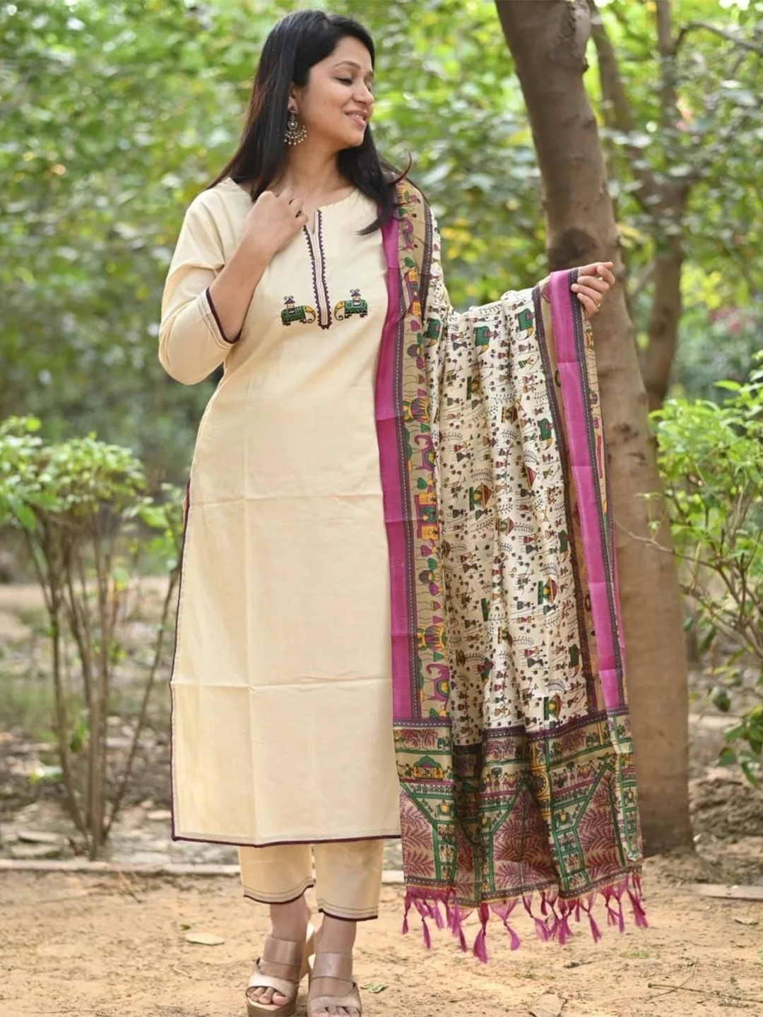 

Anni Designer Ethnic Motifs Printed Straight Kurta with Trousers & Dupatta, Cream