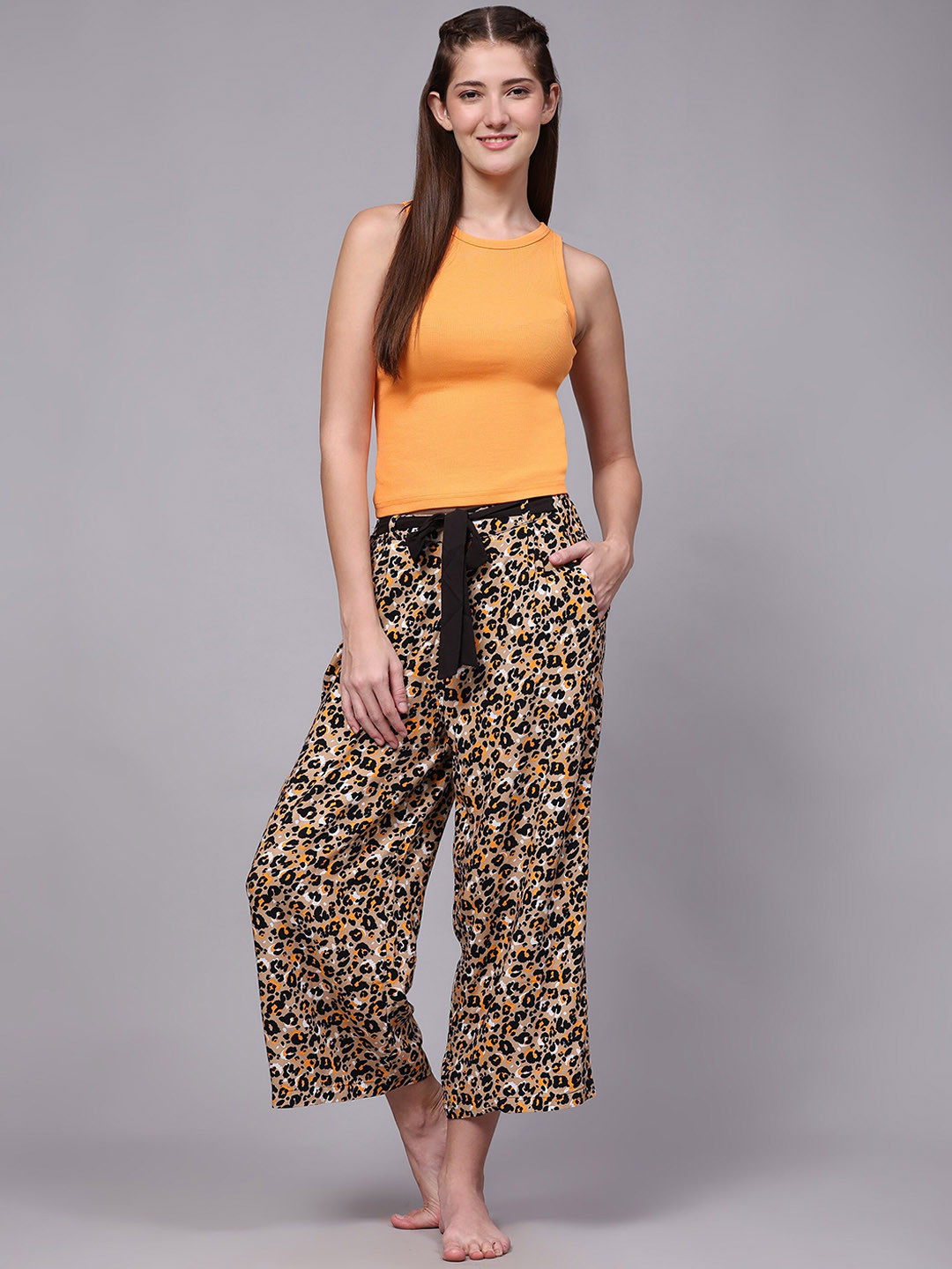 

BStories Animal Printed Sleeveless Pure Cotton Cami With Palazzos, Olive