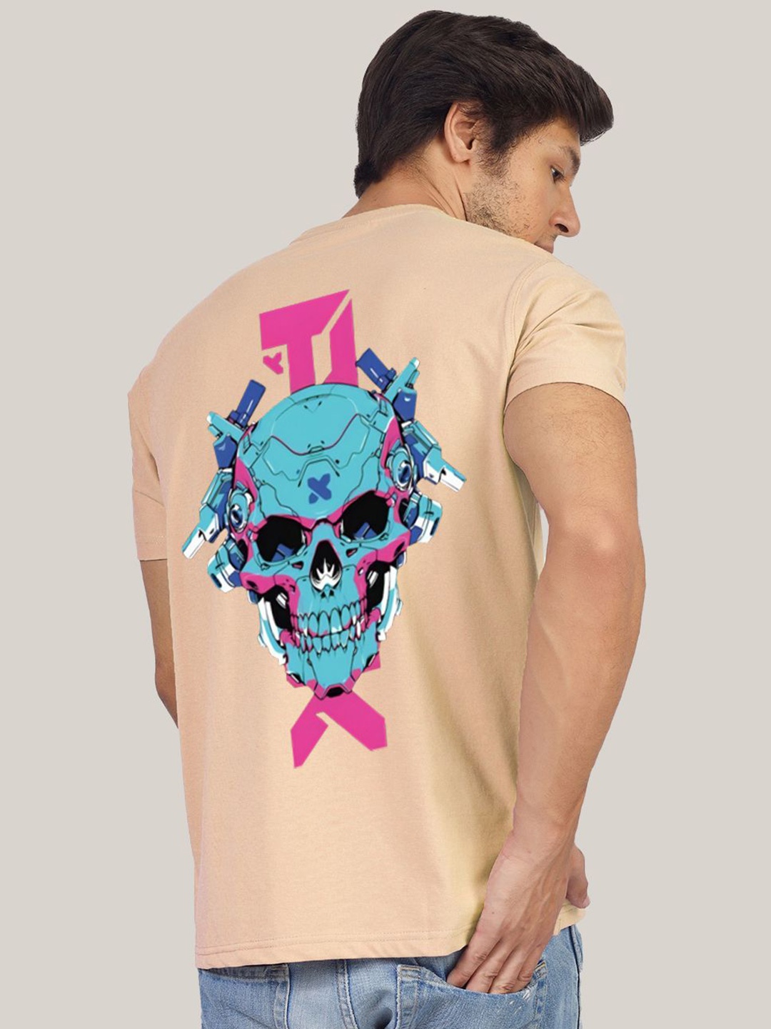Greylongg Men Graphic Printed Round Neck T-shirt, Beige