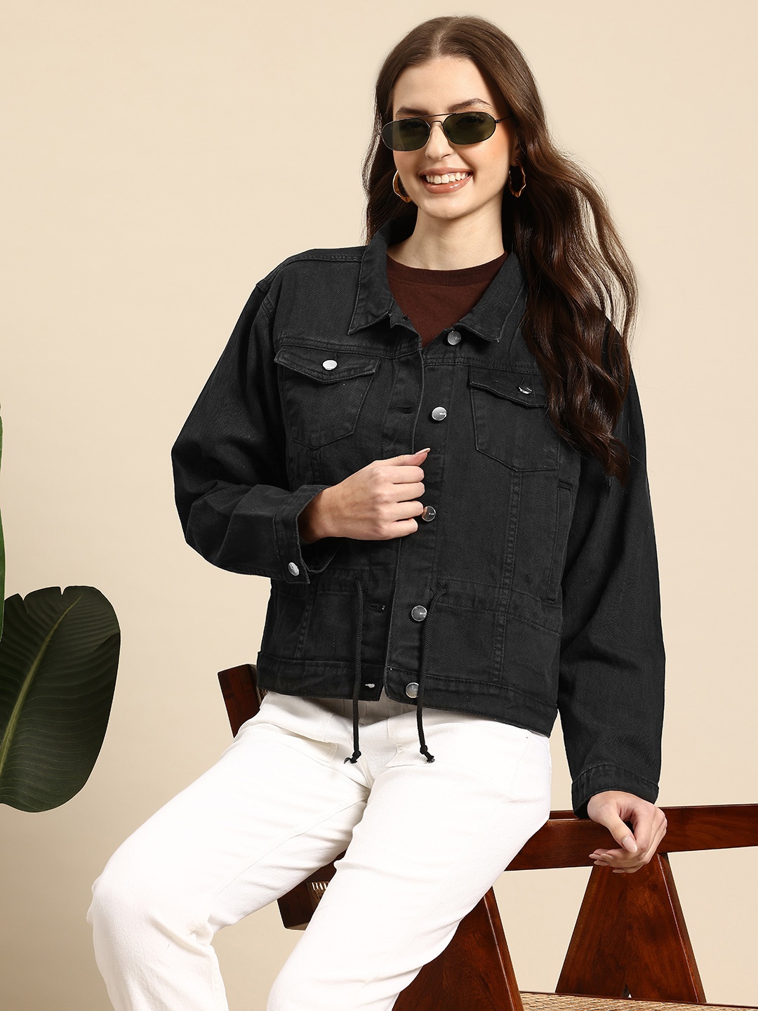 

Mast & Harbour Spread Collar Trucker Denim Jacket with Tie-Up Detail, Black