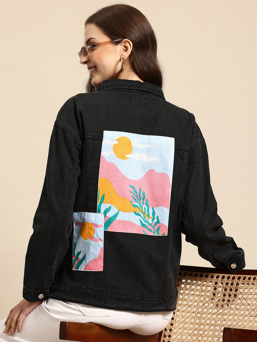 

Mast & Harbour Graphic Printed Drop-Shoulder Sleeves Pure Cotton Trucker Denim Jacket, Black