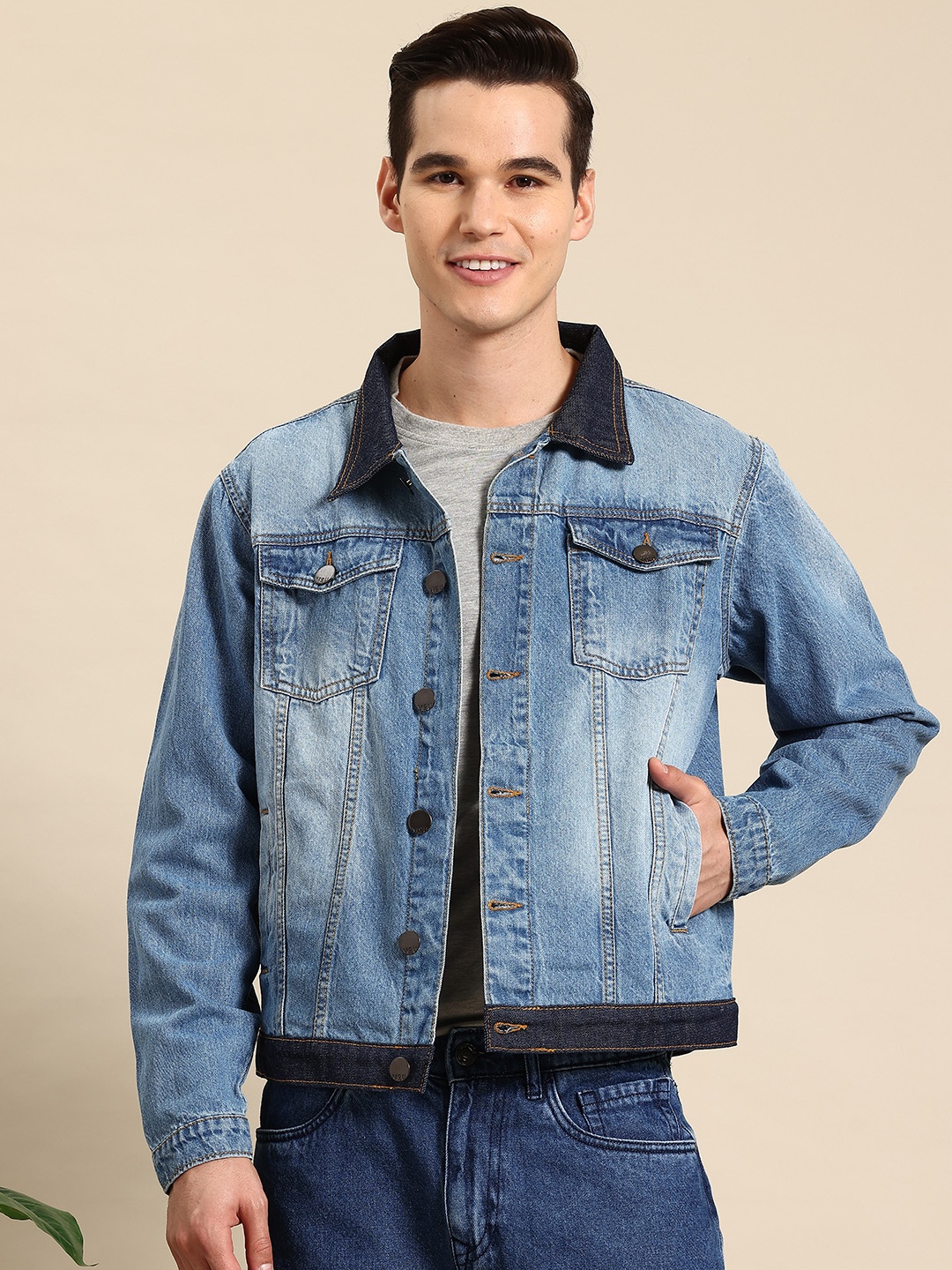 

Mast & Harbour Contrast-Detail Pure Cotton Denim Jacket, Blue