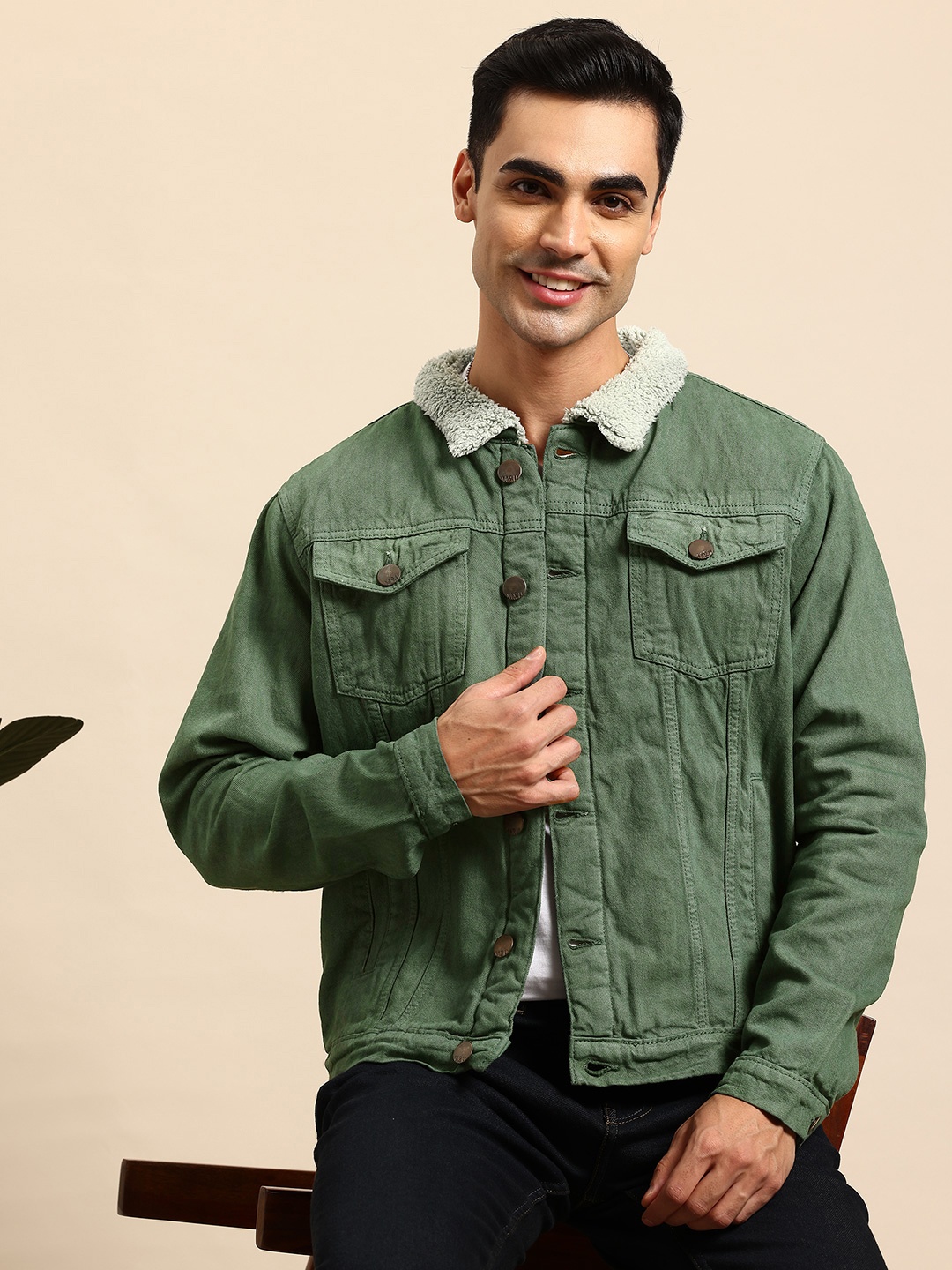 

Mast & Harbour Long Sleeves Fleece Lined Denim Jacket, Green