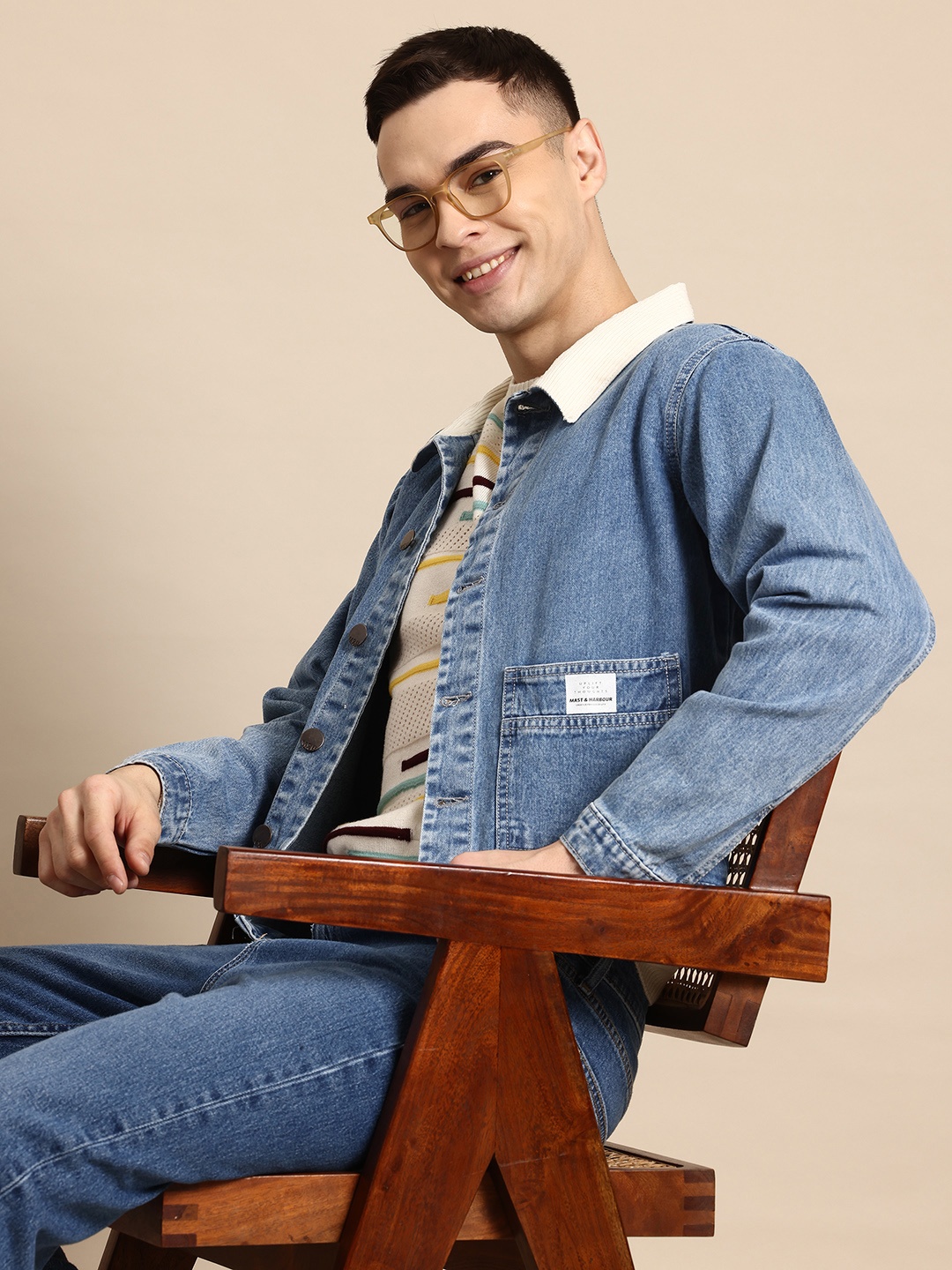 

Mast & Harbour Contrast Collared Pure Cotton Denim Jacket, Blue
