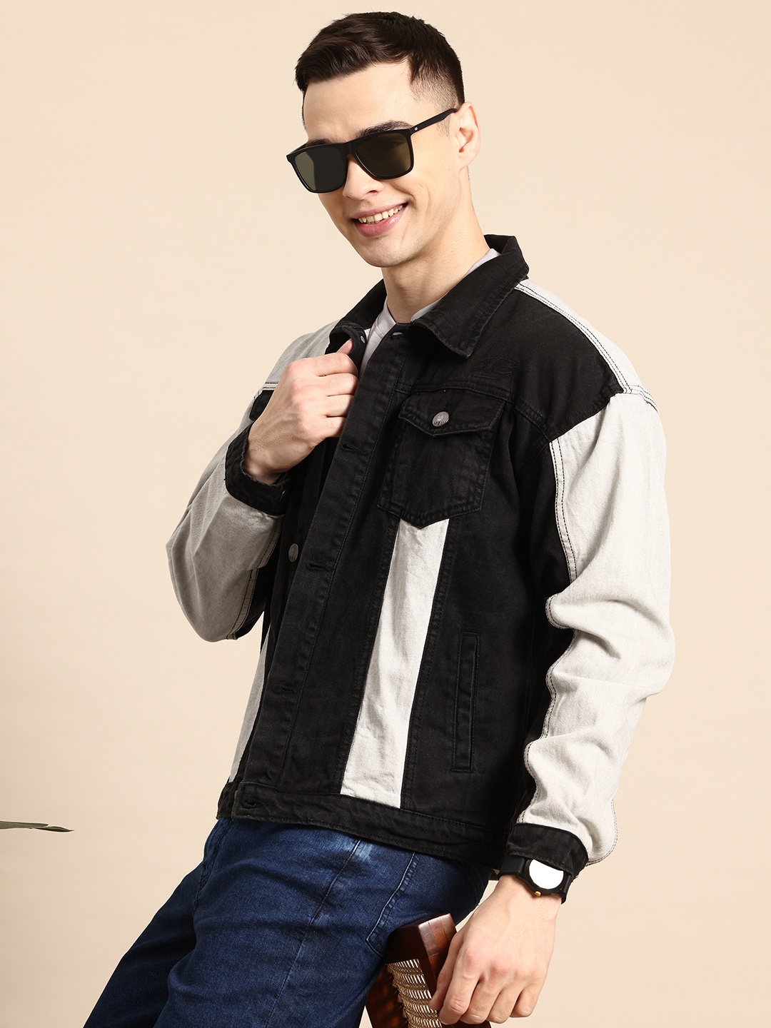 

Mast & Harbour Pure Cotton Colorblocked Denim Jacket, Black